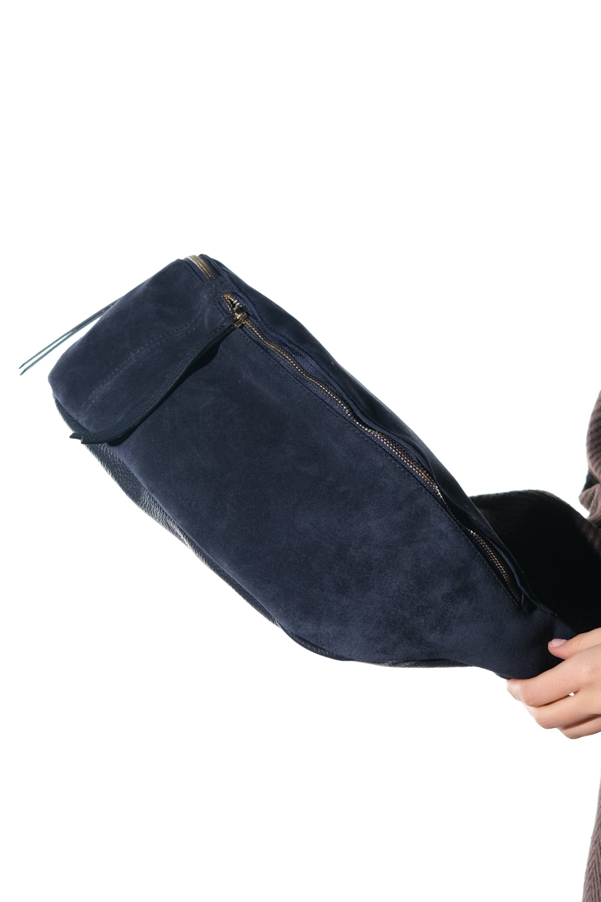 SOLA - Navy Genuine Leather Body Bag – detail view showing leather, suede, red, SimmiUnique