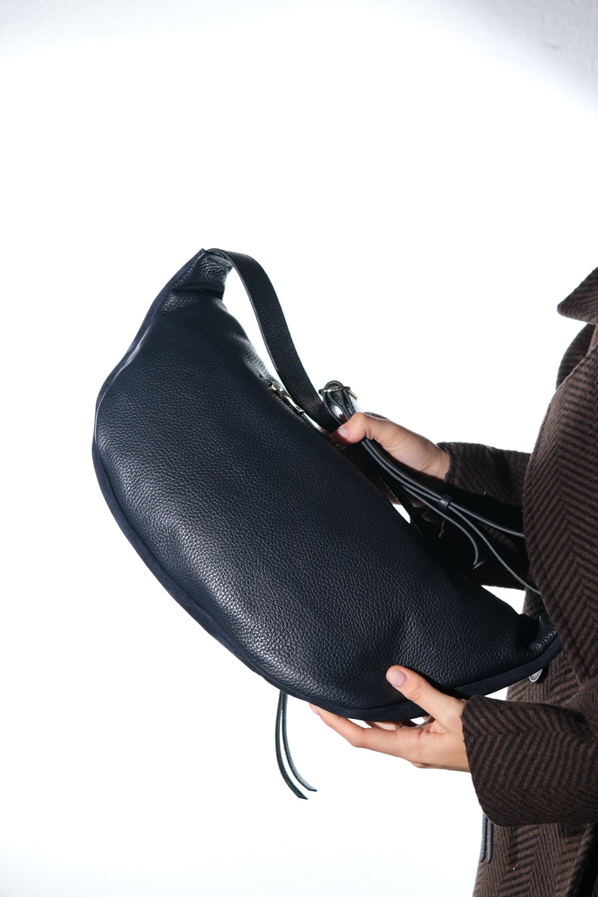 SOLA - Navy Genuine Leather Body Bag – heel view showing leather, suede, red, SimmiUnique