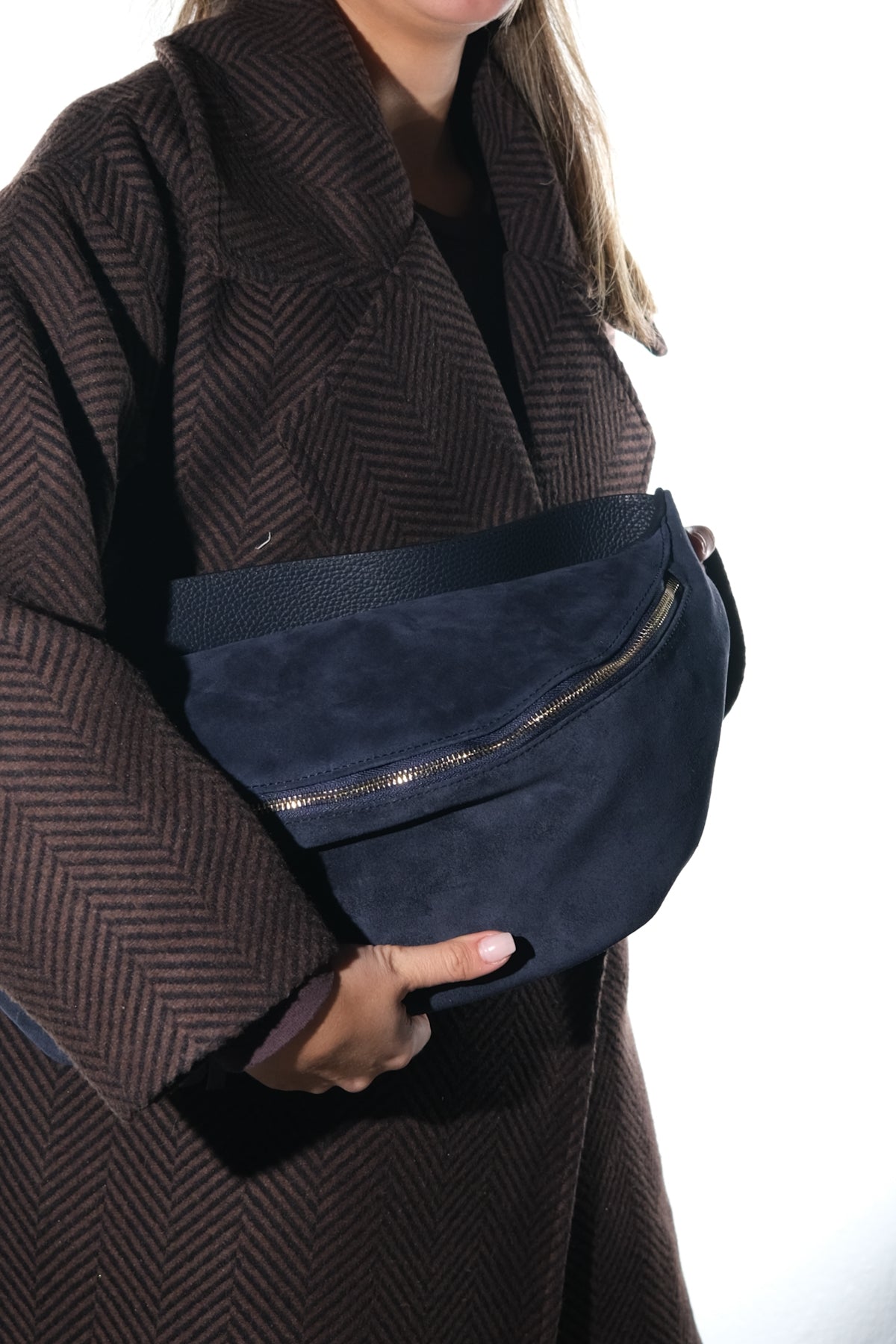 SOLA - Navy Genuine Leather Body Bag – top view showing leather, suede, red, SimmiUnique