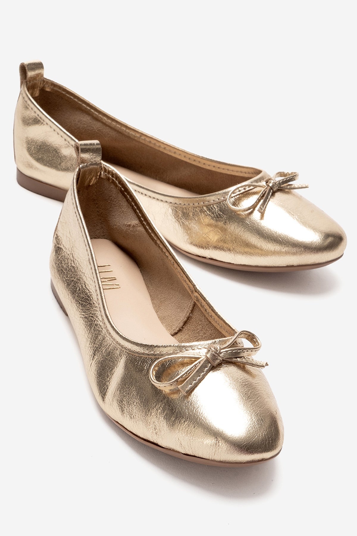 01 - Gold Genuine Leather Ballet Flat – front three-quarter view showing leather, gold, SimmiUnique