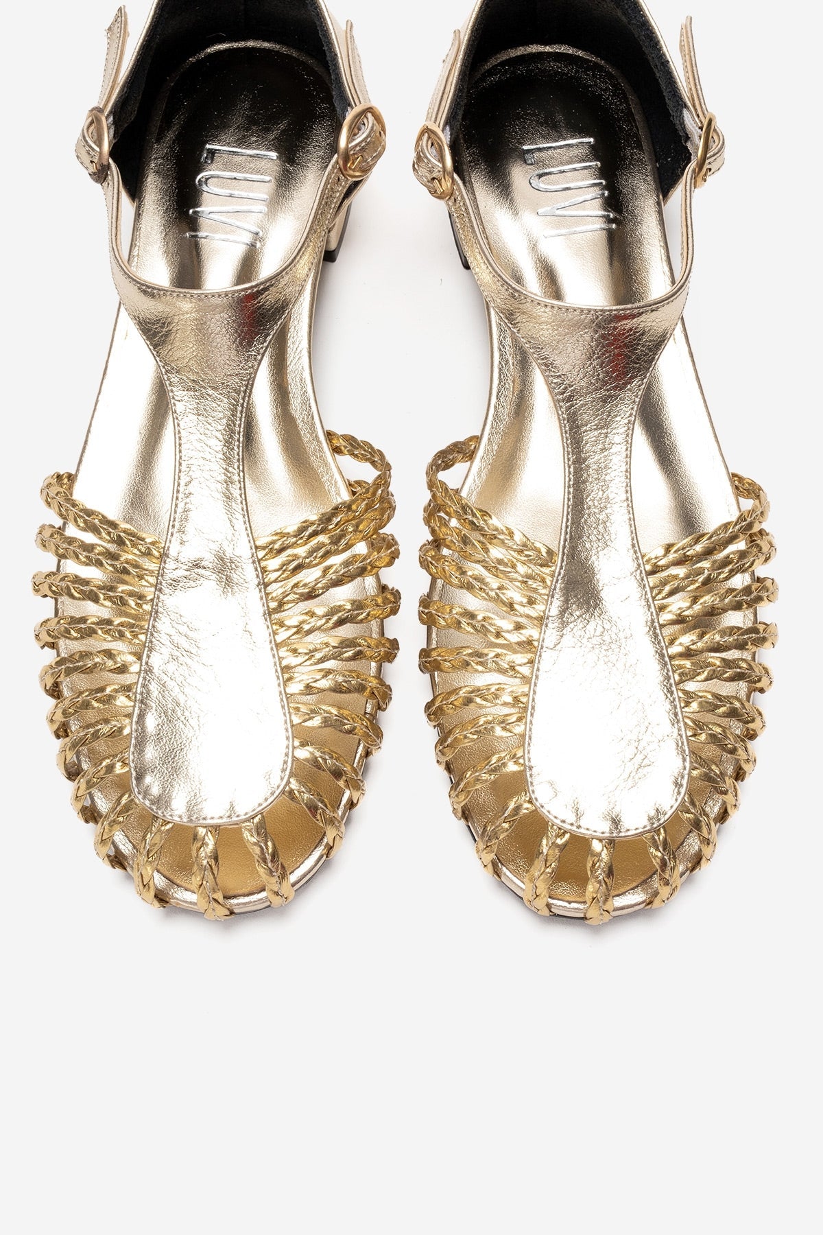 ONOS - Gold Woven Detail Sandal – side view showing leather, metallic, gold, SimmiUnique