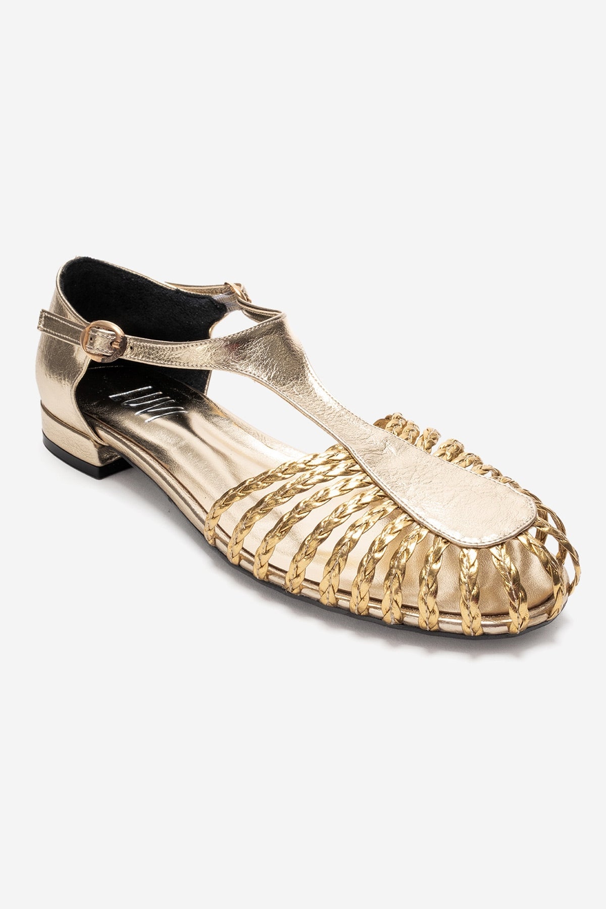 ONOS - Gold Woven Detail Sandal – detail view showing leather, metallic, gold, SimmiUnique