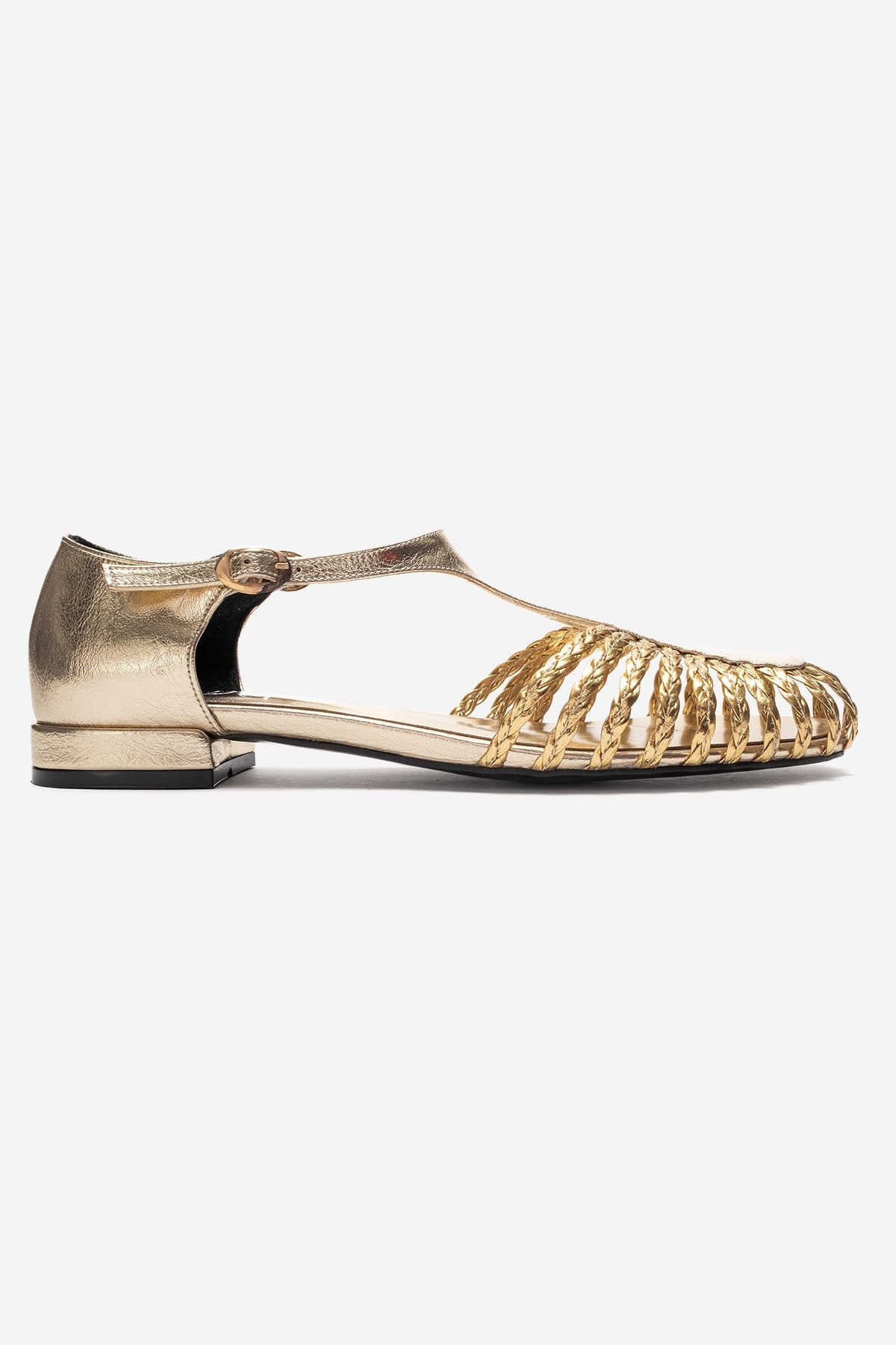 ONOS - Gold Woven Detail Sandal – top view showing leather, metallic, gold, SimmiUnique