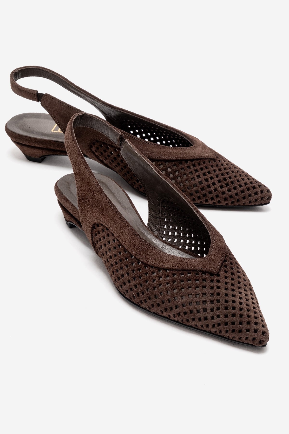 LIEVE - Brown Genuine Leather Low Block Heel Slingback – front three-quarter view showing leather, suede, SimmiUnique