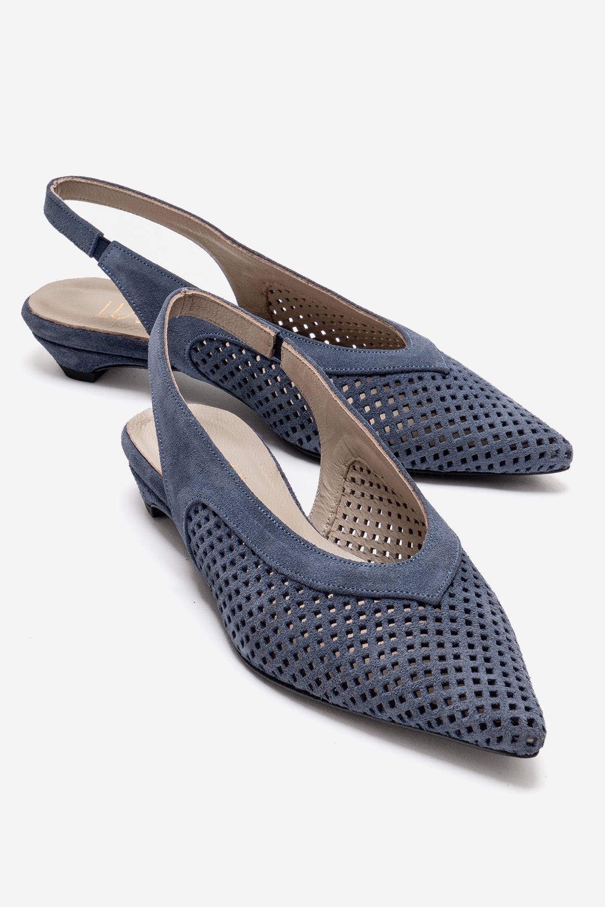 LIEVE - Denim Blue Genuine Leather Low Block Heel Shoe – front three-quarter view showing leather, suede, blue, SimmiUnique