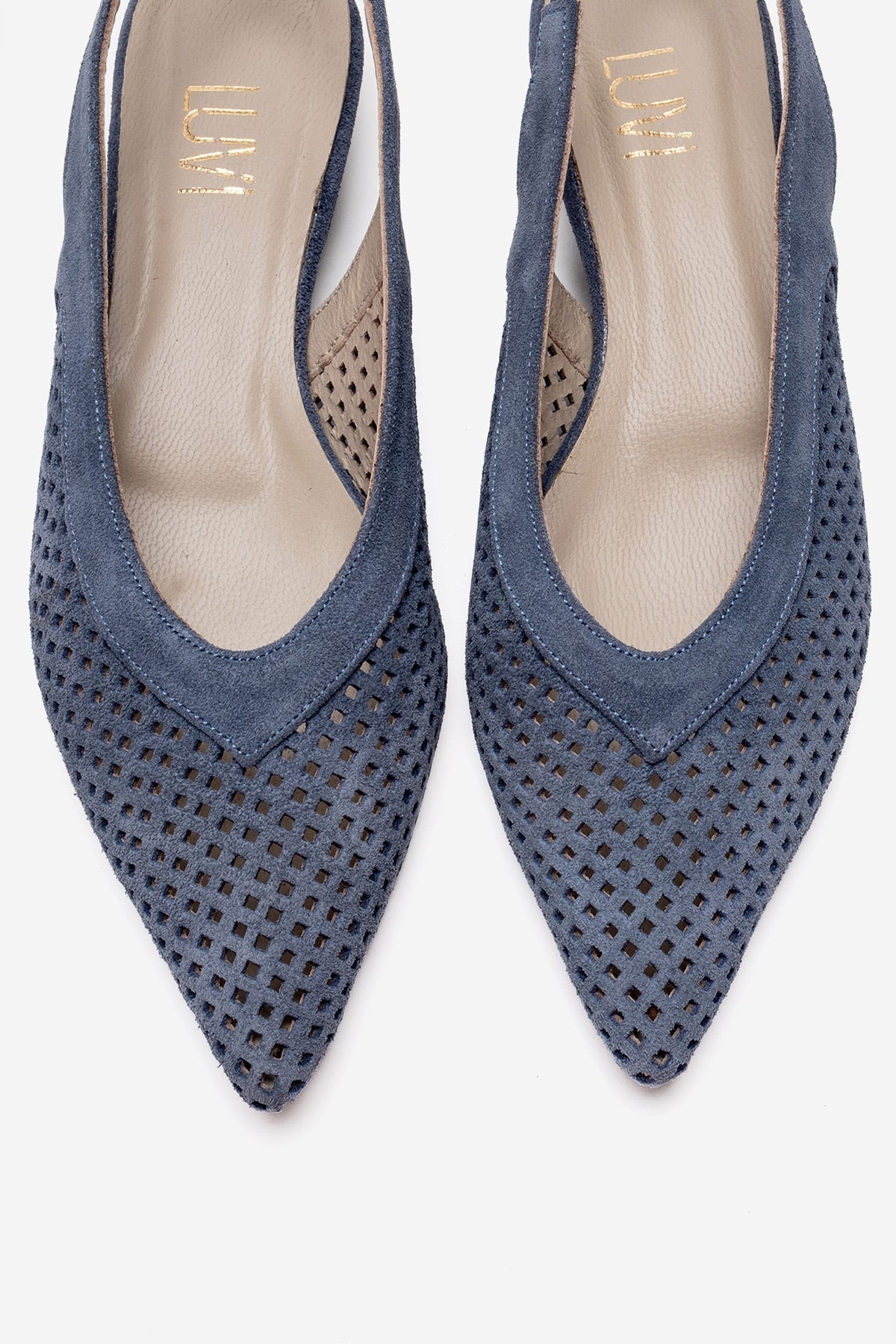 LIEVE - Denim Blue Genuine Leather Low Block Heel Shoe – side view showing leather, suede, blue, SimmiUnique