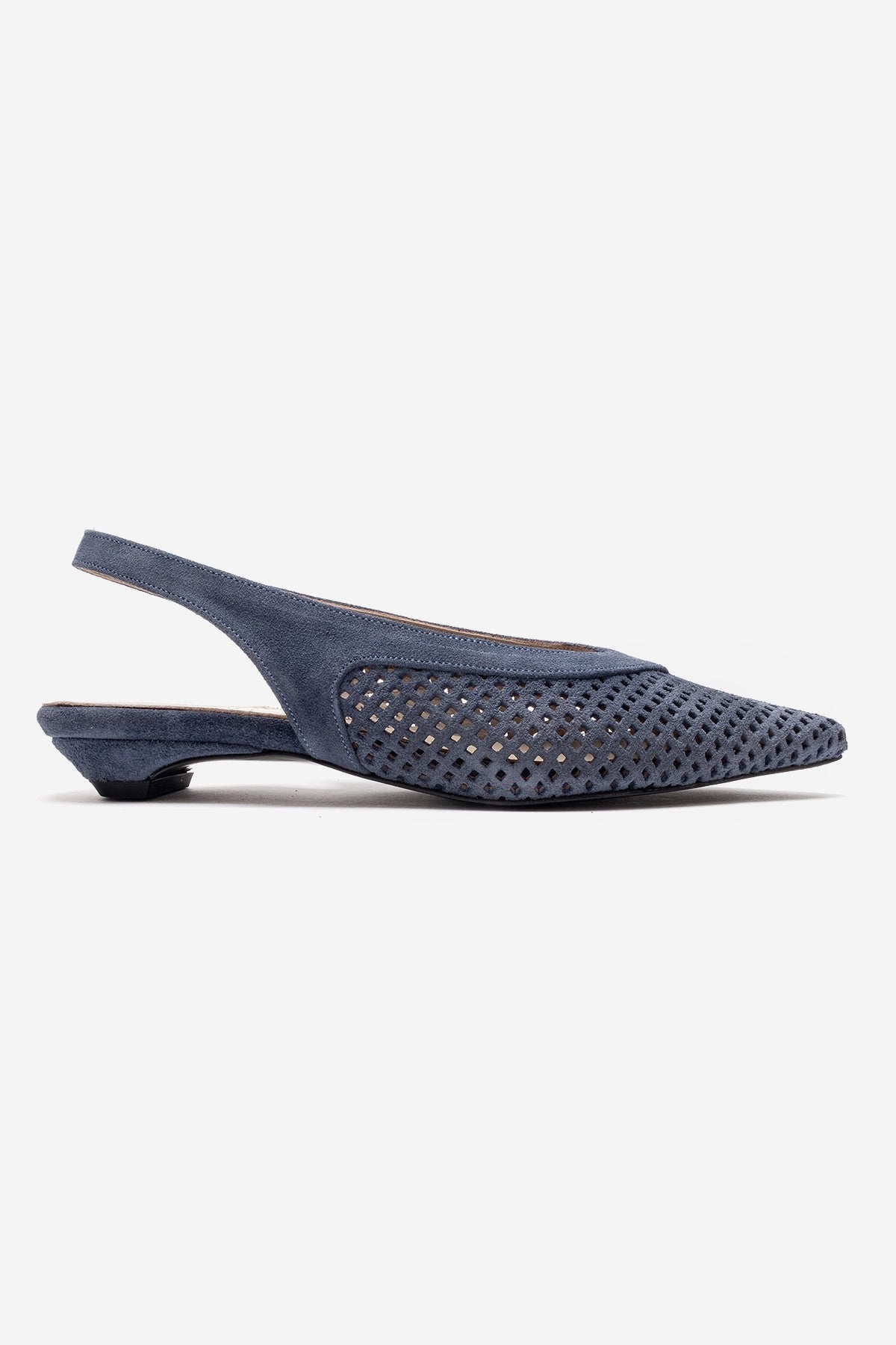 LIEVE - Denim Blue Genuine Leather Low Block Heel Shoe – detail view showing leather, suede, blue, SimmiUnique