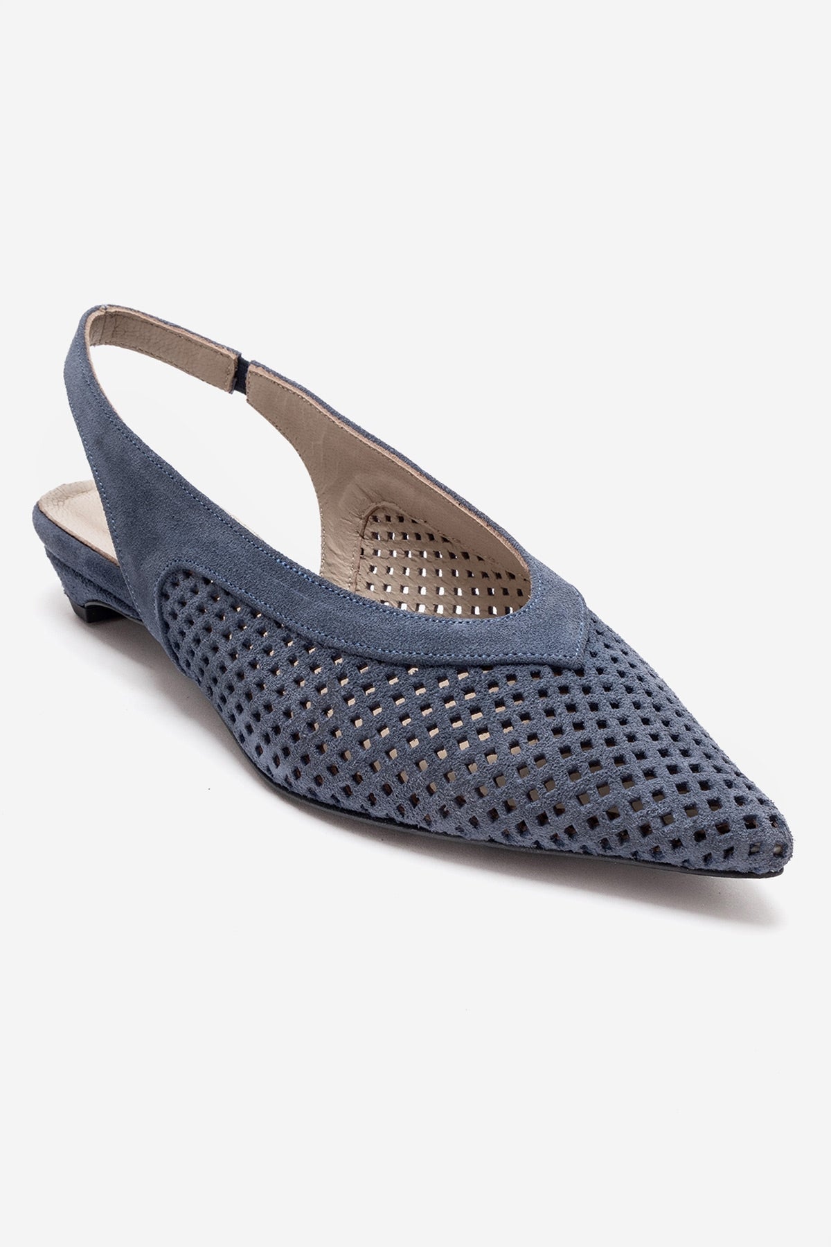 LIEVE - Denim Blue Genuine Leather Low Block Heel Shoe – heel view showing leather, suede, blue, SimmiUnique