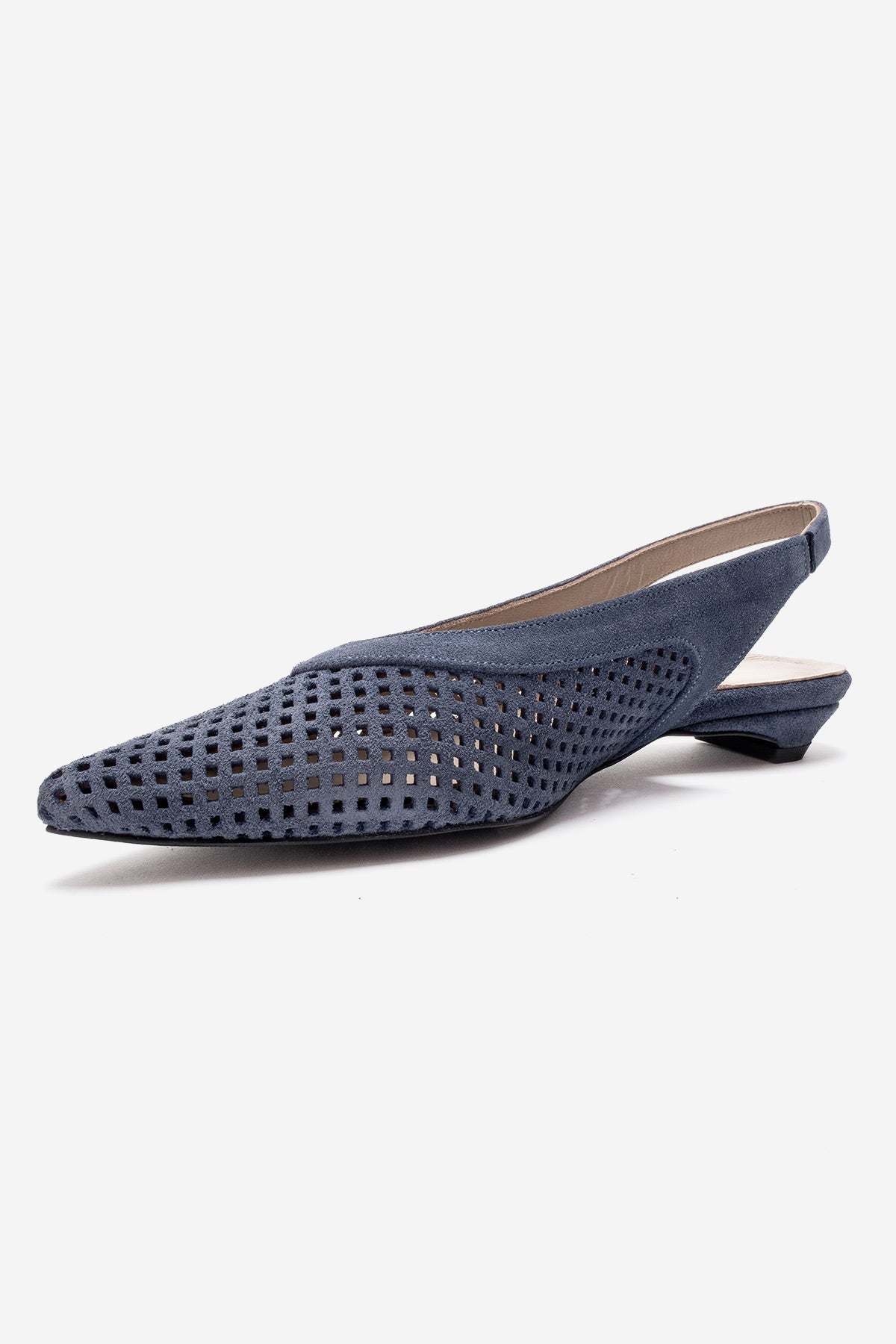 LIEVE - Denim Blue Genuine Leather Low Block Heel Shoe – top view showing leather, suede, blue, SimmiUnique