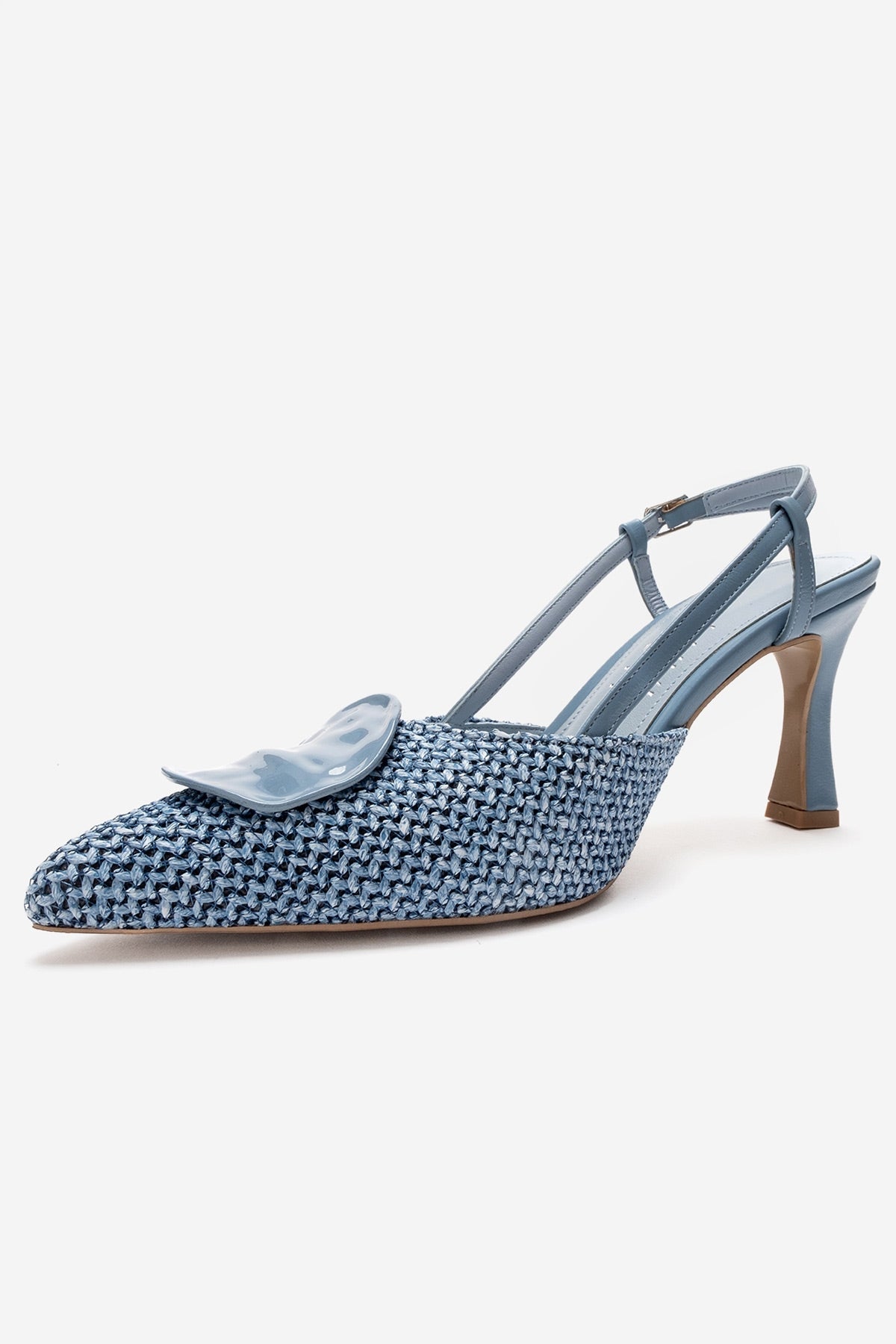 LEVIA - Blue Straw-Textured Accessory Stiletto Pump – heel view showing leather, blue, red, SimmiUnique