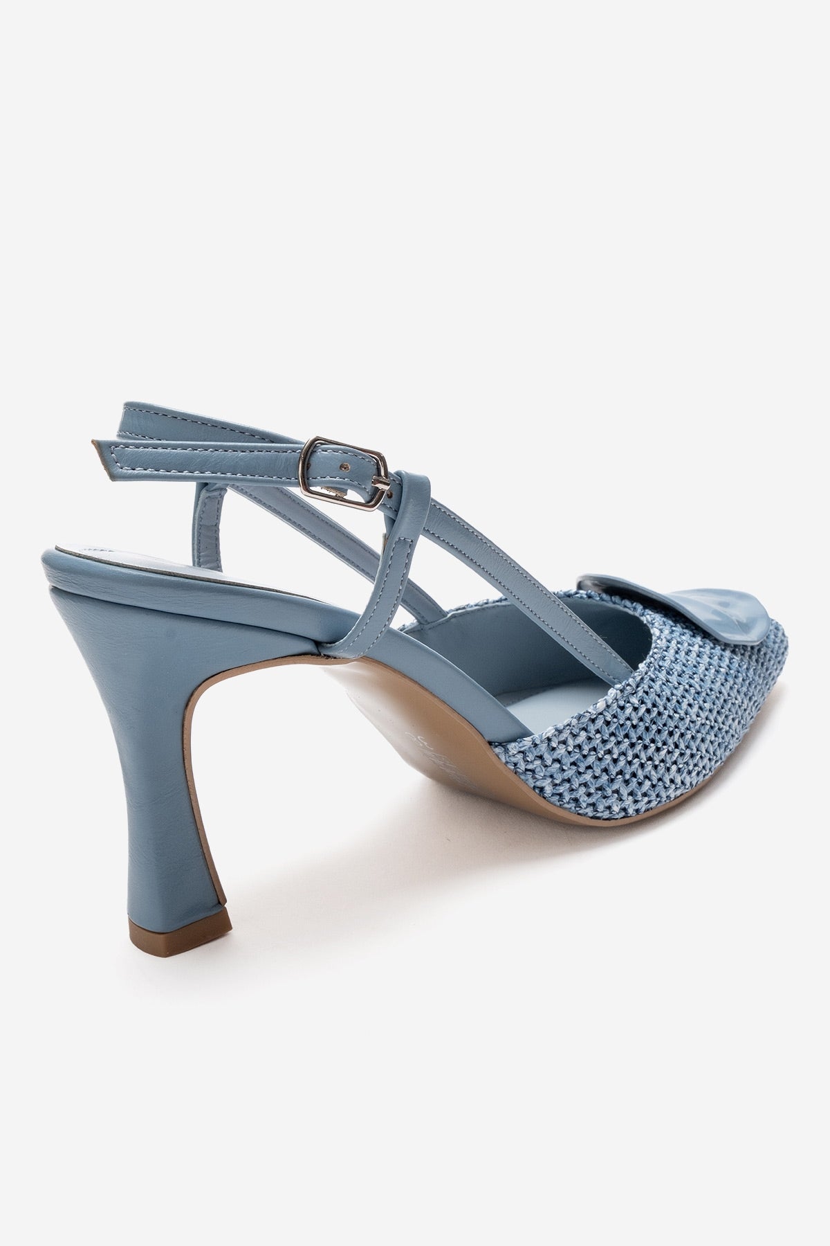 LEVIA - Blue Straw-Textured Accessory Stiletto Pump – back view showing leather, blue, red, SimmiUnique