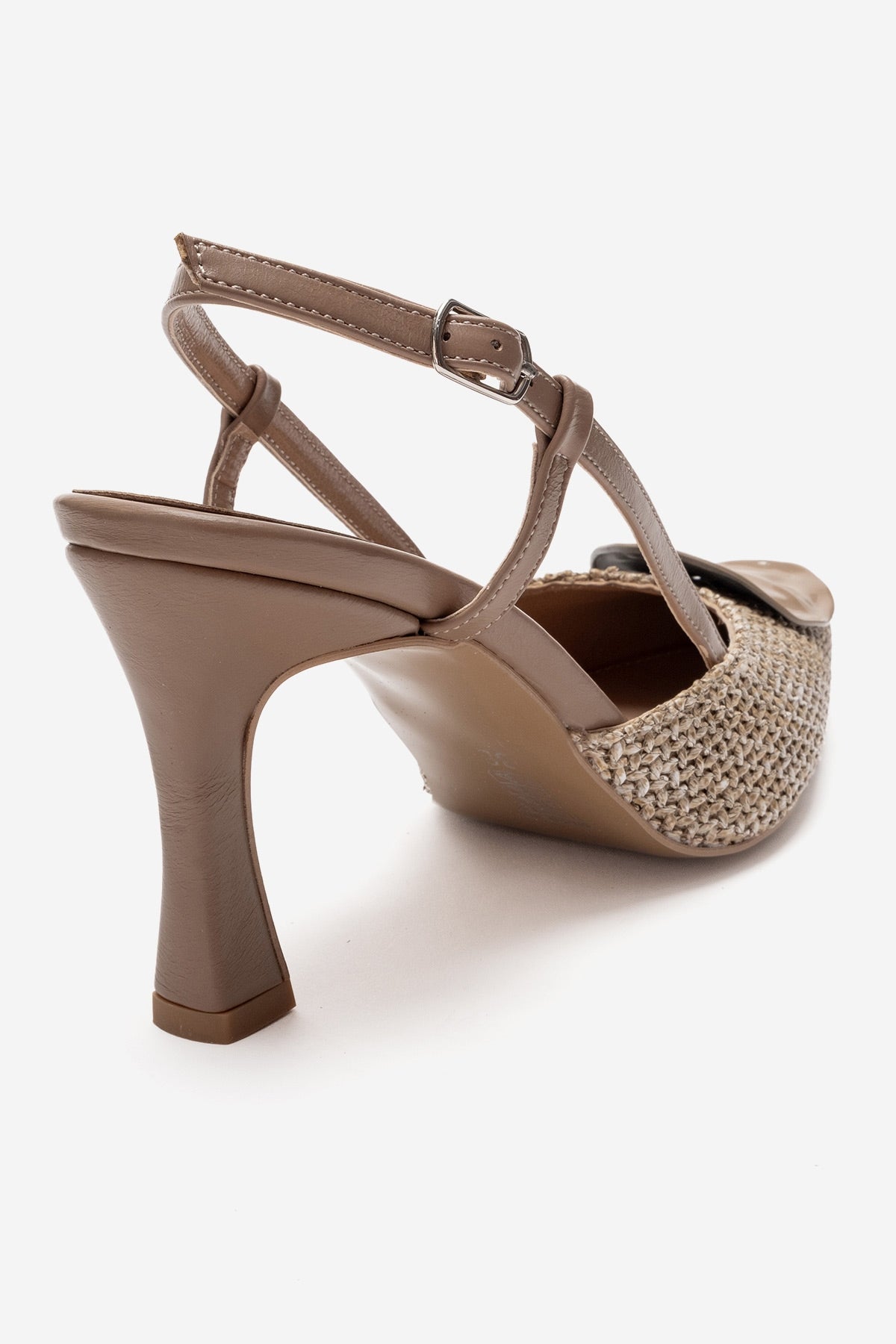 Levia - Taupe Woven-Textured Accessory-Detail Stiletto Heel Pump – back view showing leather, red, SimmiUnique