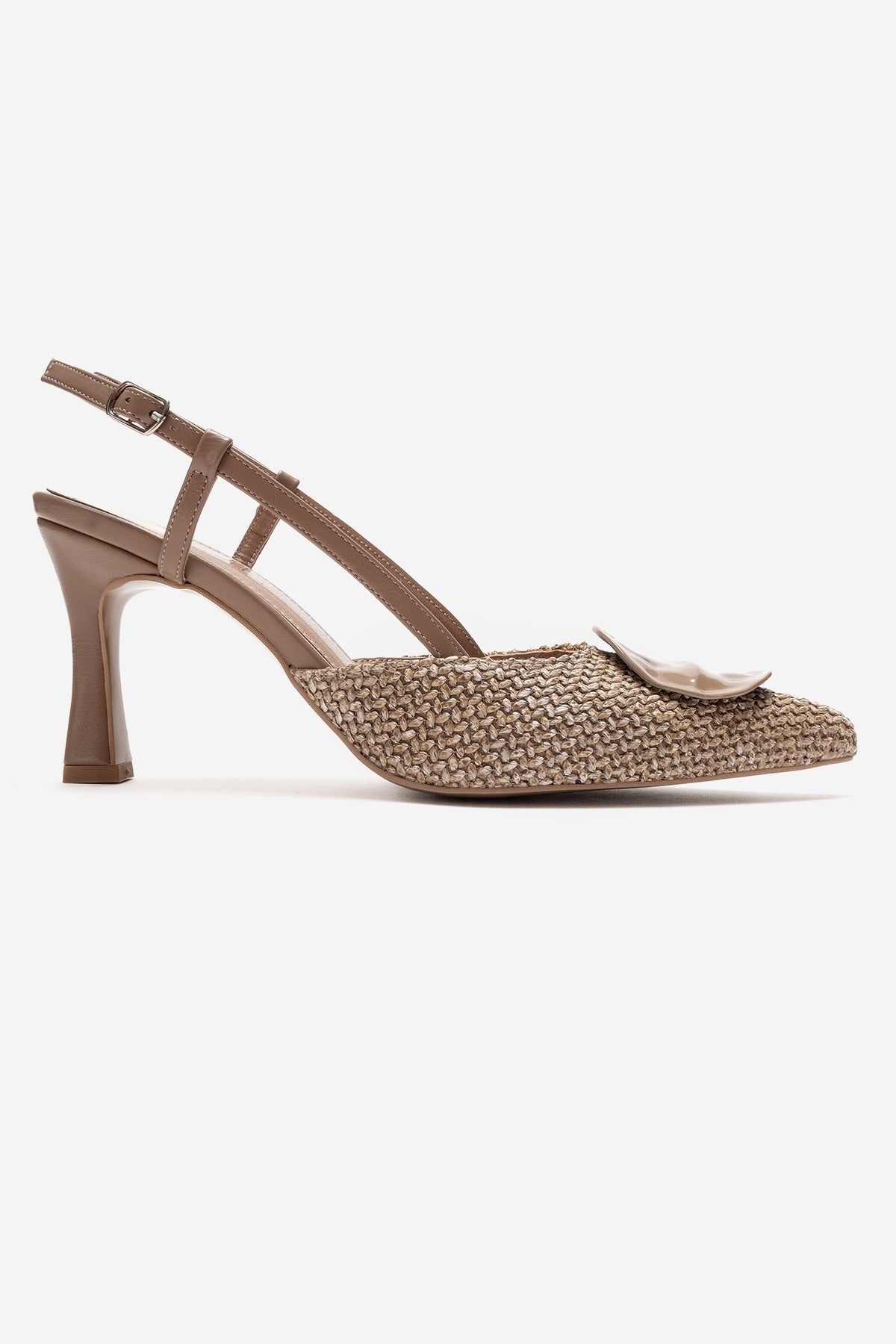 Levia - Taupe Woven-Textured Accessory-Detail Stiletto Heel Pump – top view showing leather, red, SimmiUnique
