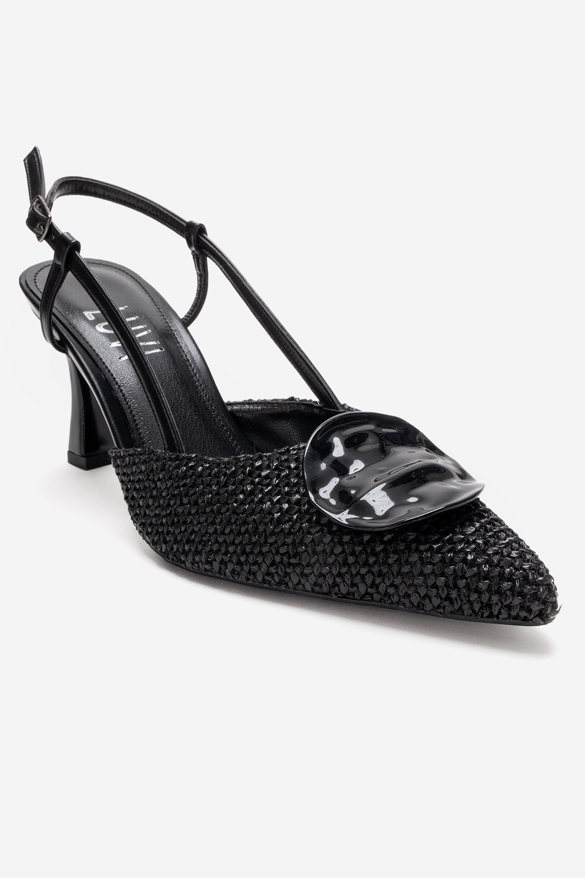 Levia - Black Woven-Textured Accessory-Detail Stiletto Heel Pump – detail view showing leather, black, red, SimmiUnique