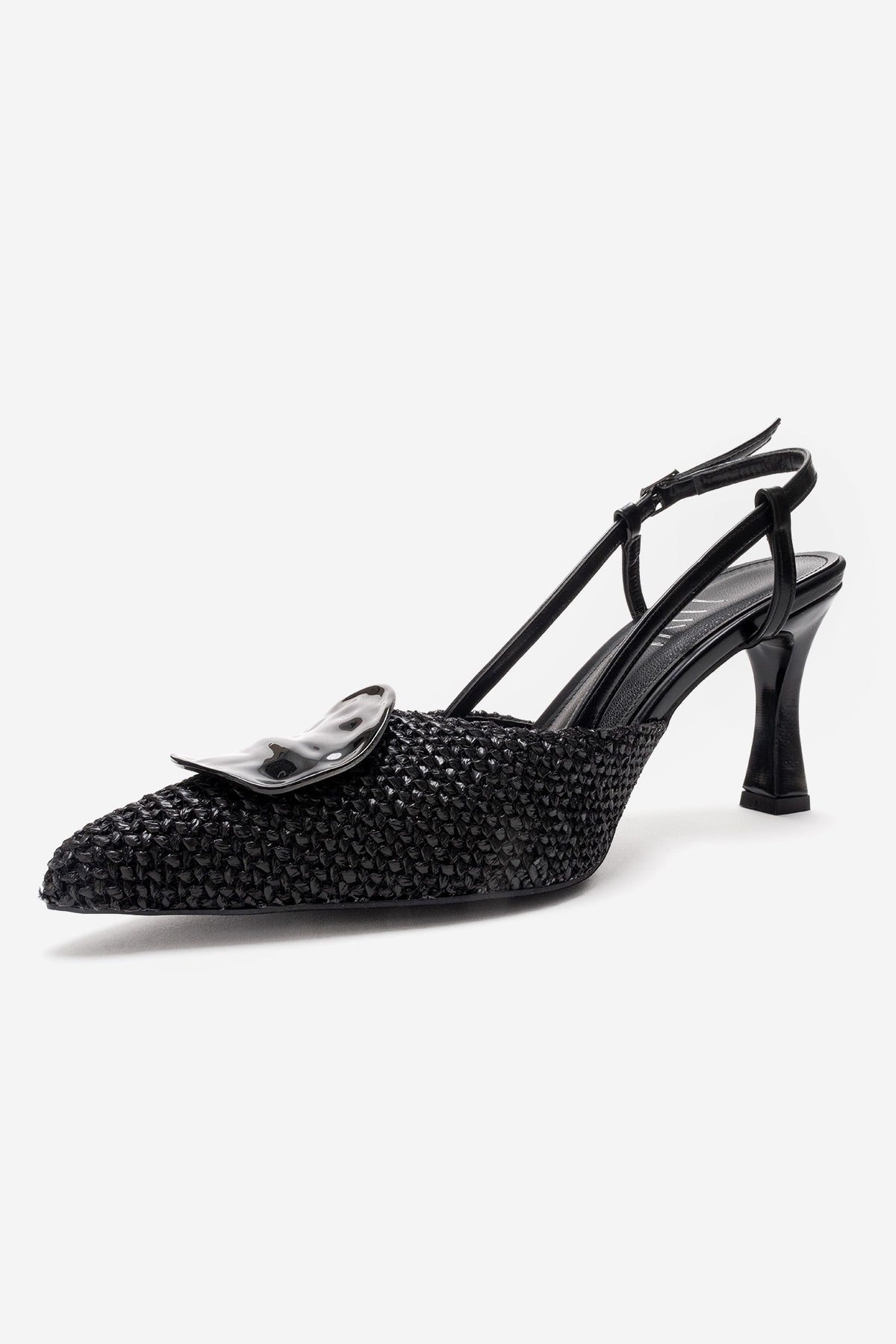 Levia - Black Woven-Textured Accessory-Detail Stiletto Heel Pump – heel view showing leather, black, red, SimmiUnique