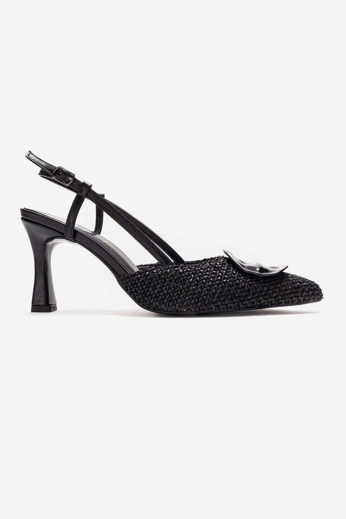 Levia - Black Woven-Textured Accessory-Detail Stiletto Heel Pump – top view showing leather, black, red, SimmiUnique