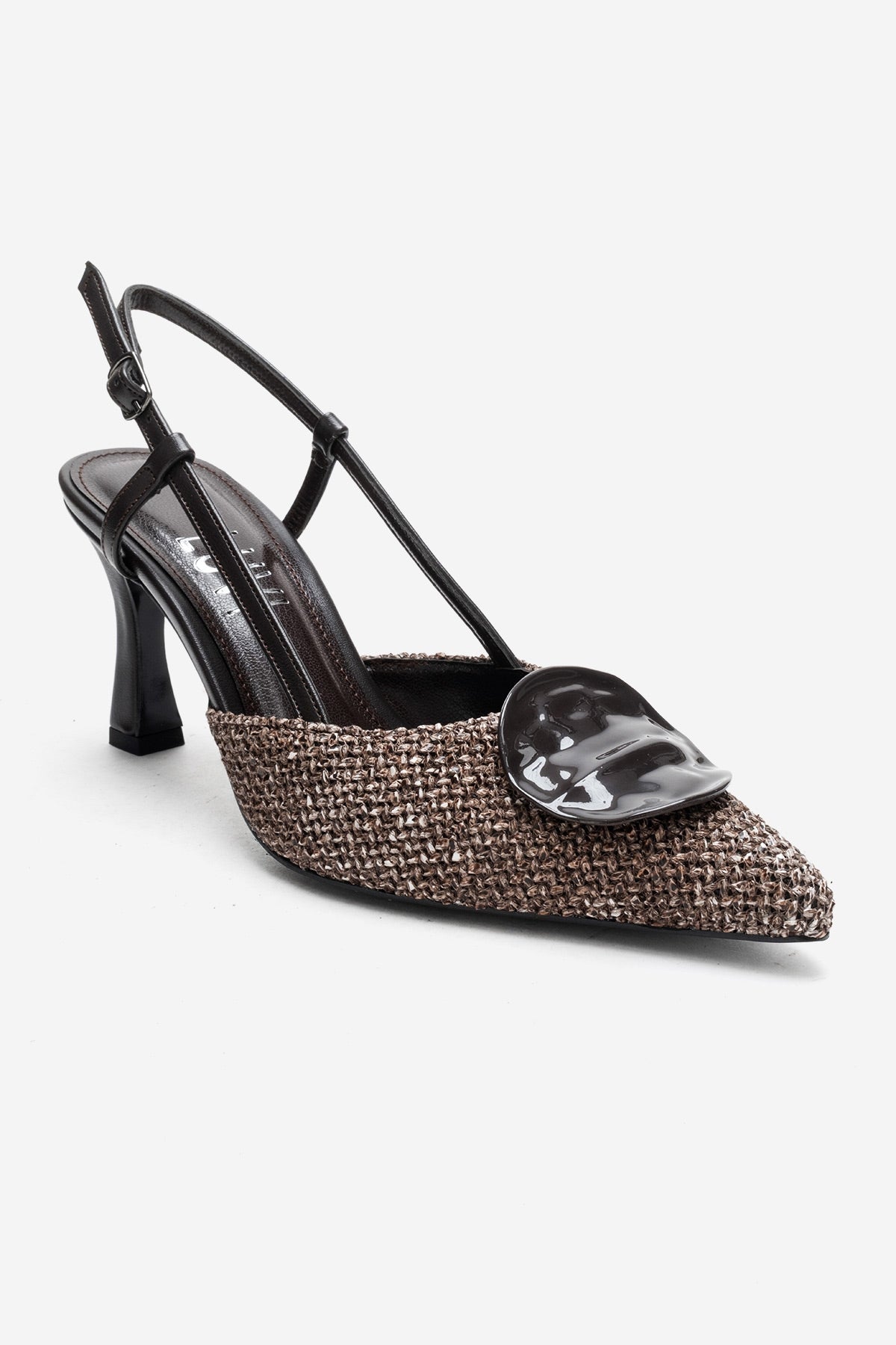 Levia - Brown Woven-Textured Accessory-Detail Stiletto Heel Pump – detail view showing leather, red, SimmiUnique