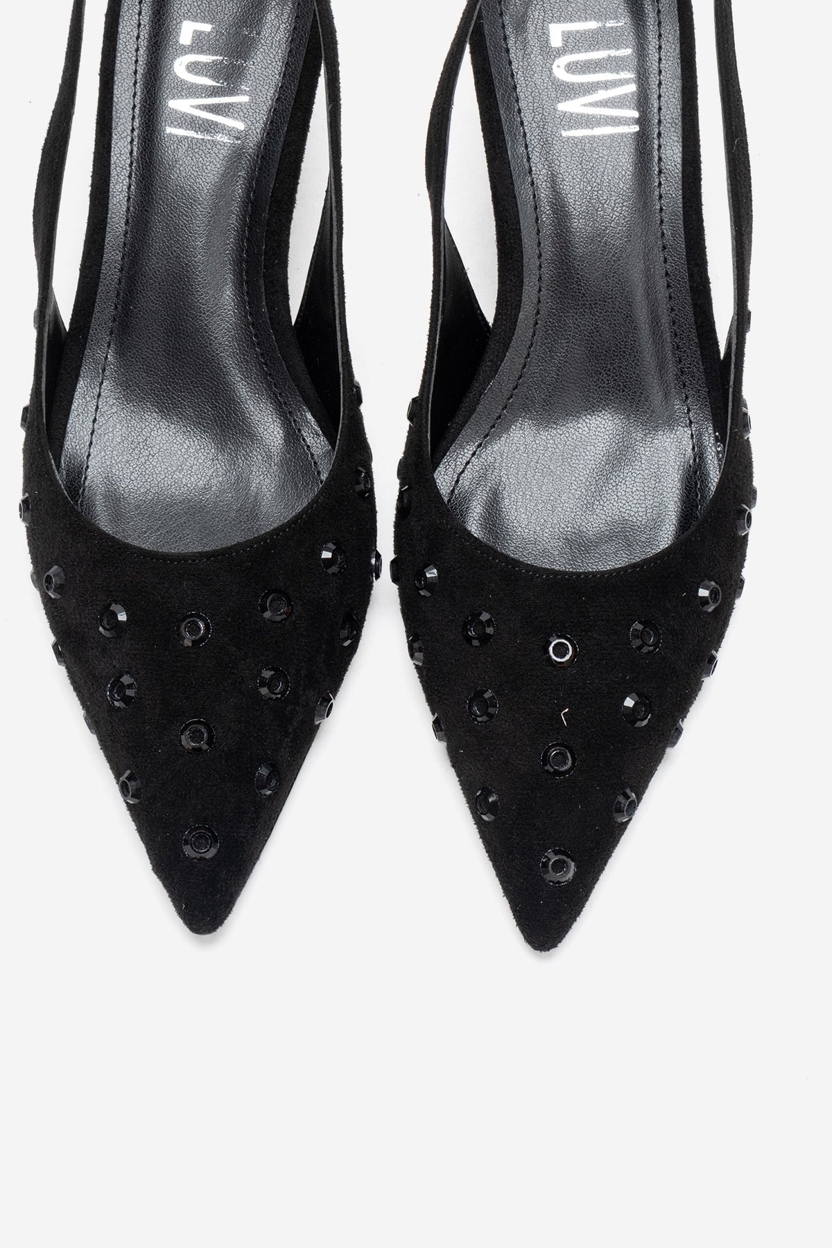 Lorex - Black Suede Embellished Stiletto Heel Pump – side view showing leather, suede, black, SimmiUnique
