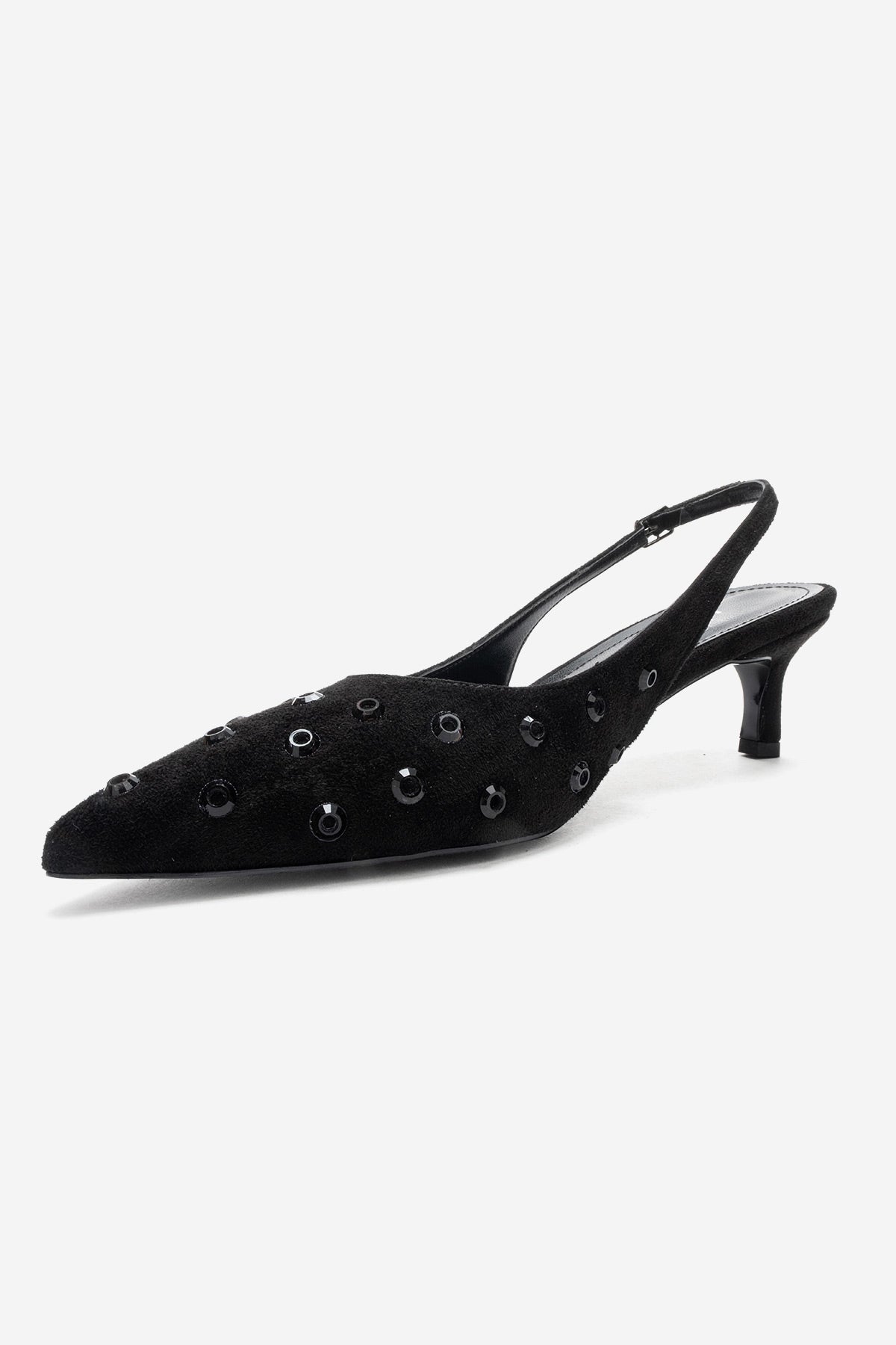 Lorex - Black Suede Embellished Stiletto Heel Pump – heel view showing leather, suede, black, SimmiUnique