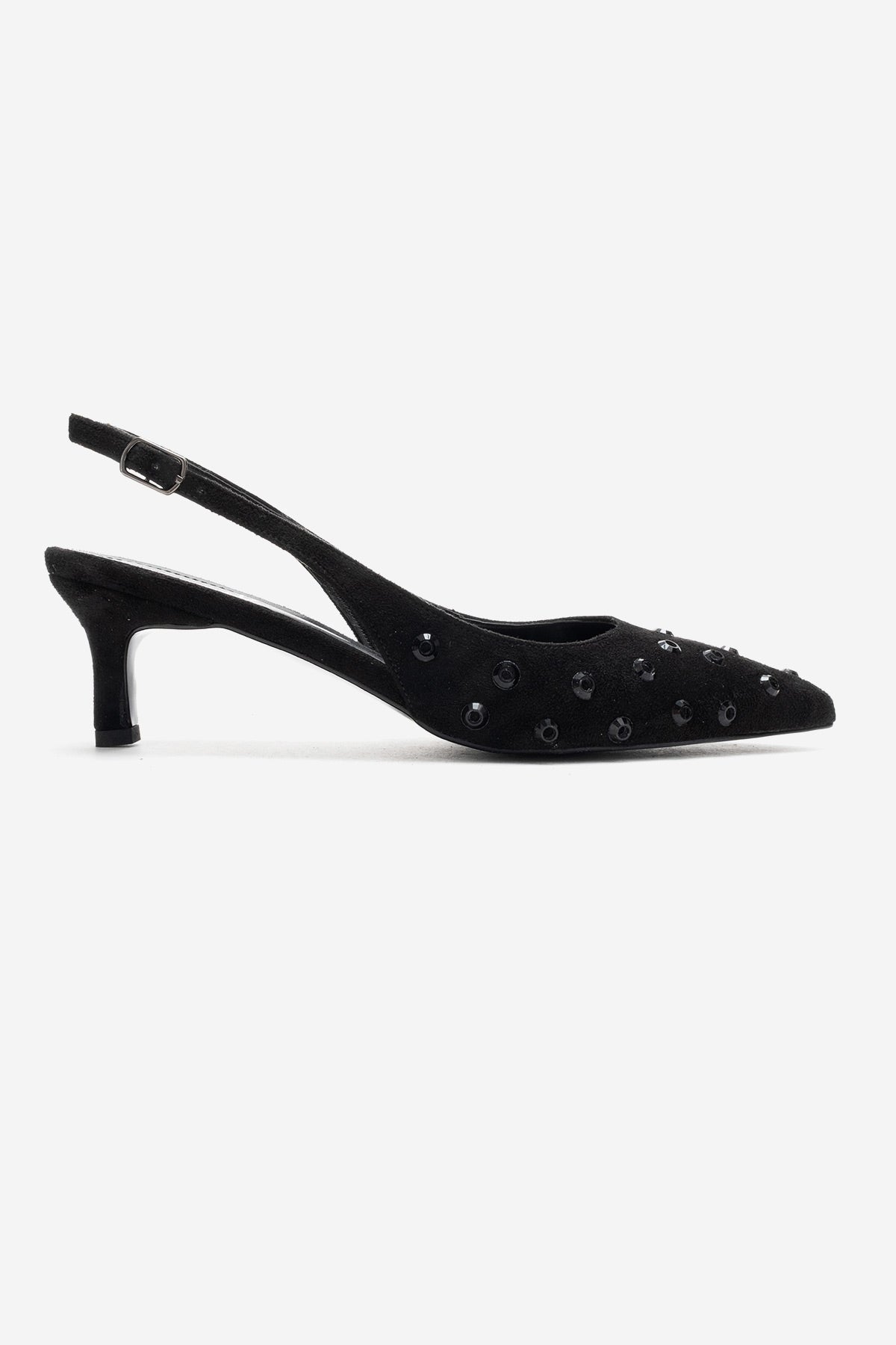 Lorex - Black Suede Embellished Stiletto Heel Pump – top view showing leather, suede, black, SimmiUnique
