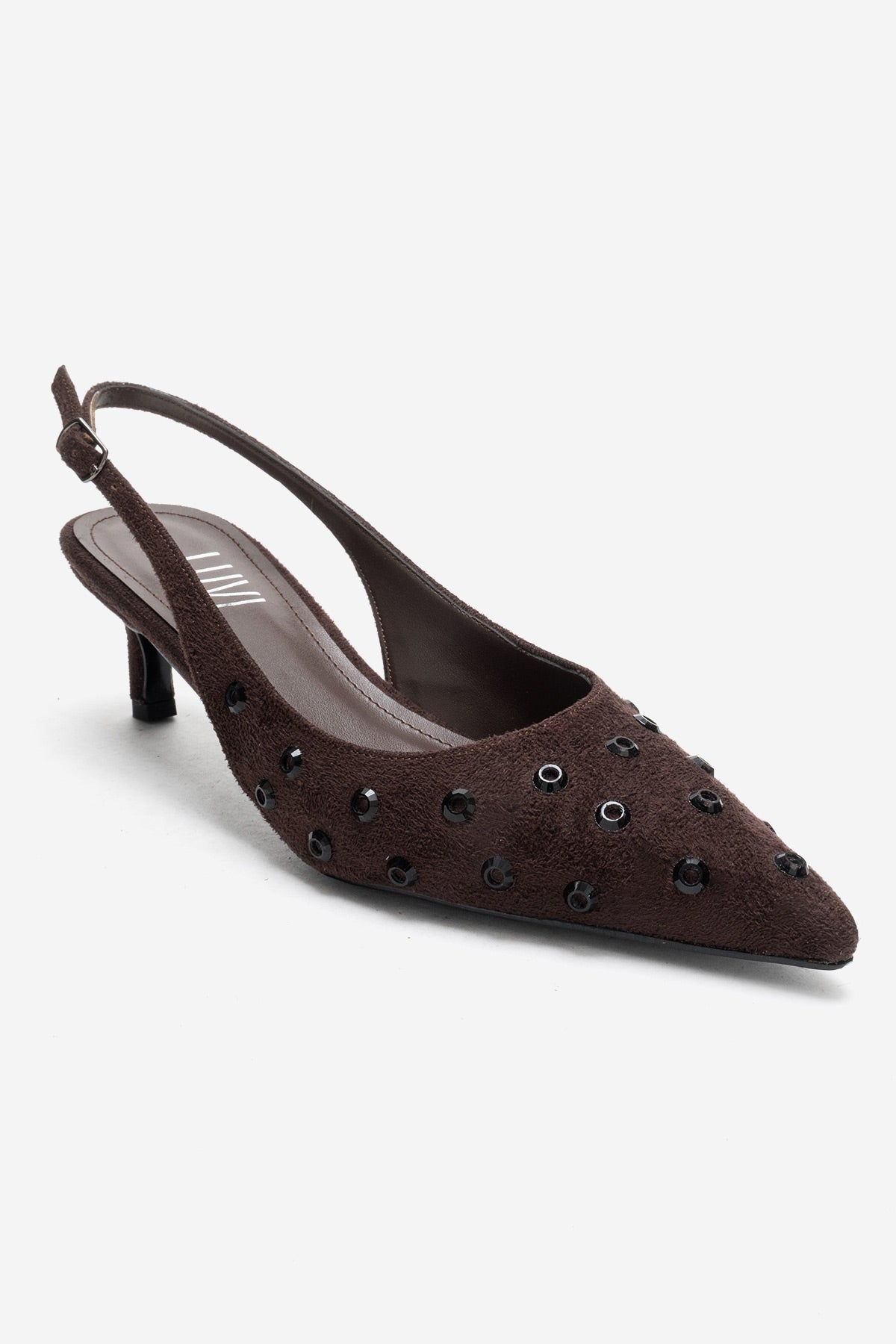 Lorex - Brown Suede Embellished Stiletto Heel Pump – detail view showing leather, suede, SimmiUnique
