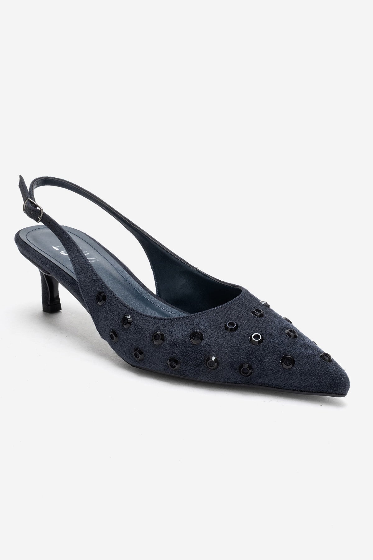 LOREX - Navy Stiletto Pump – detail view showing crystal, leather, suede, SimmiUnique