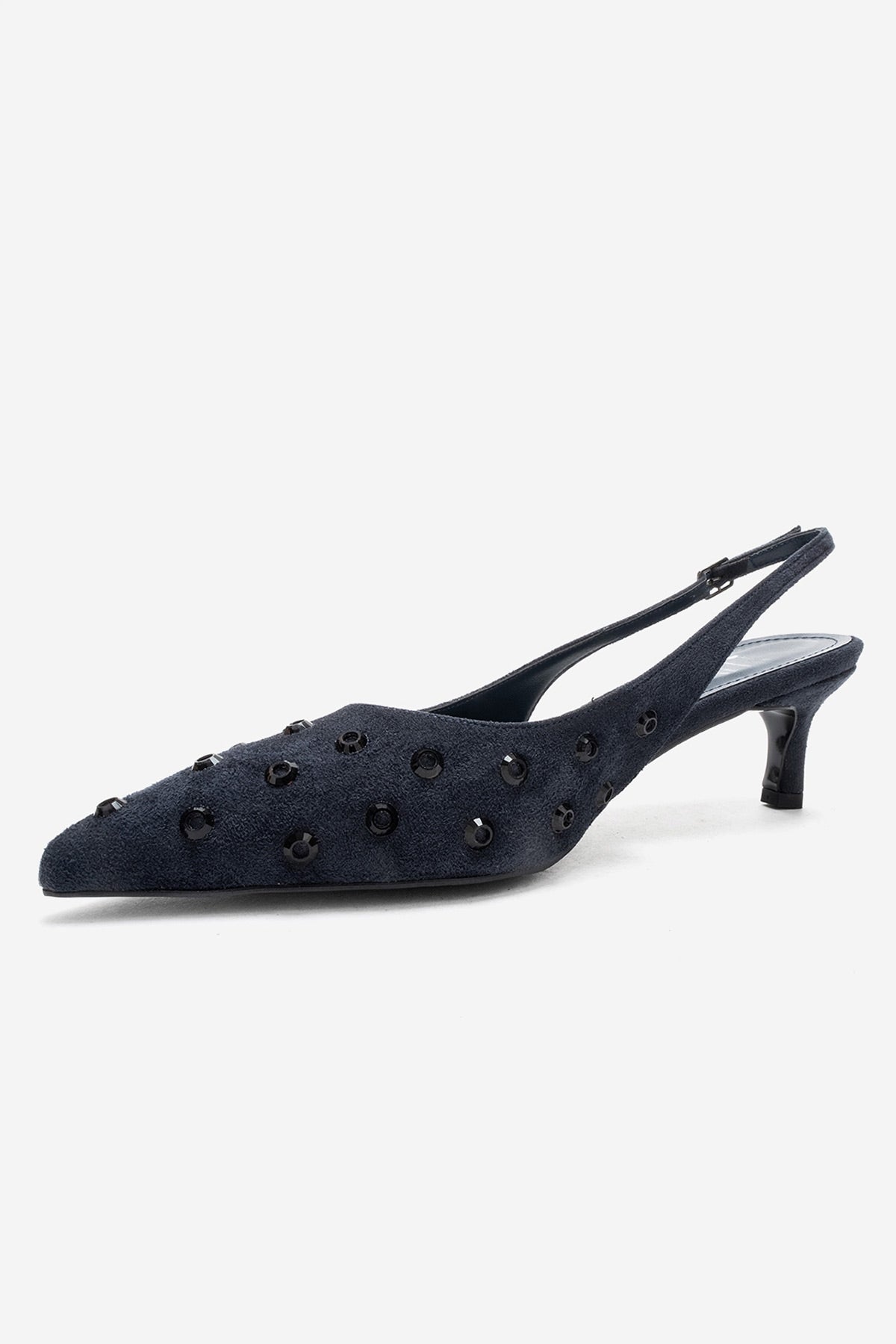LOREX - Navy Stiletto Pump – heel view showing crystal, leather, suede, SimmiUnique