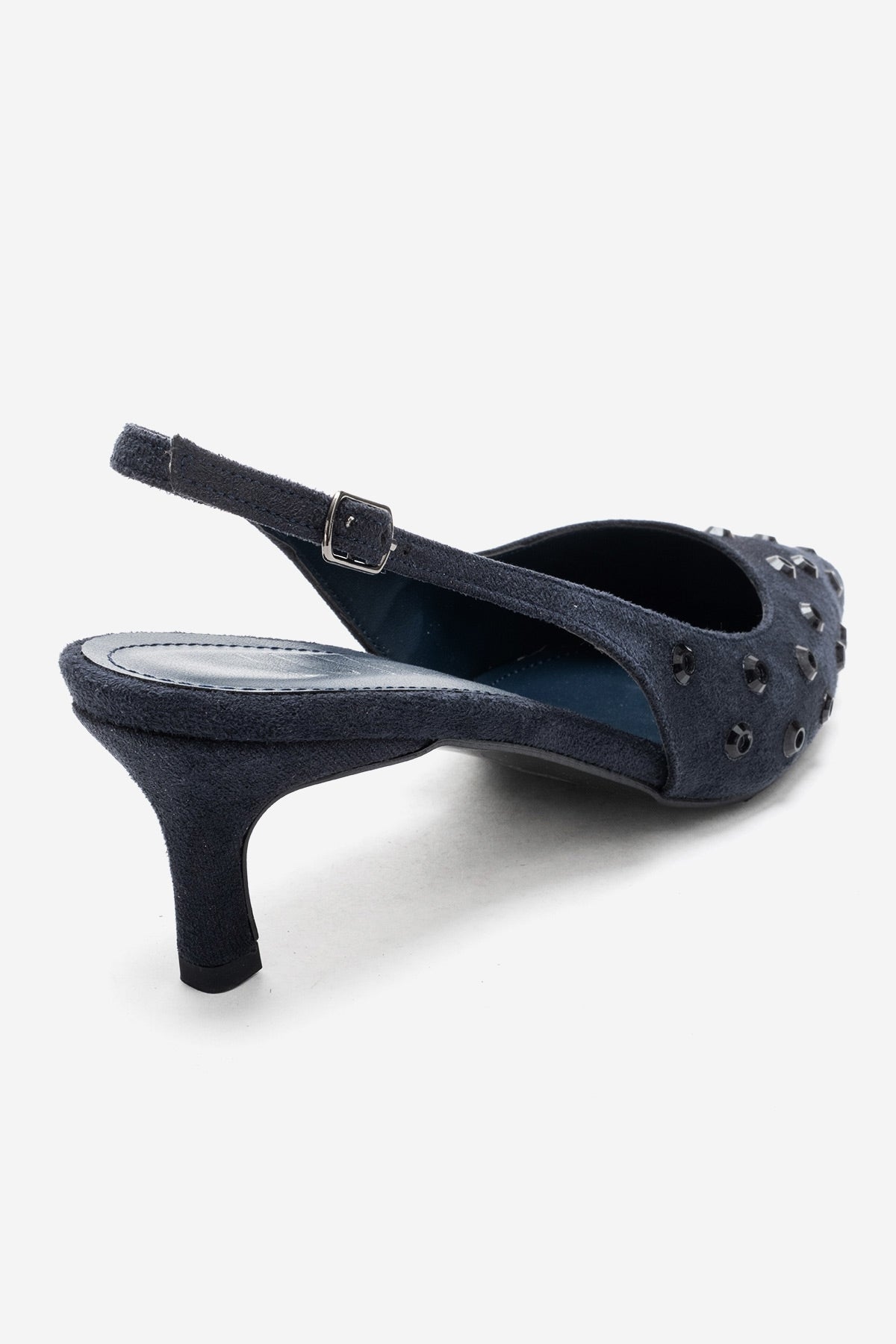 LOREX - Navy Stiletto Pump – back view showing crystal, leather, suede, SimmiUnique