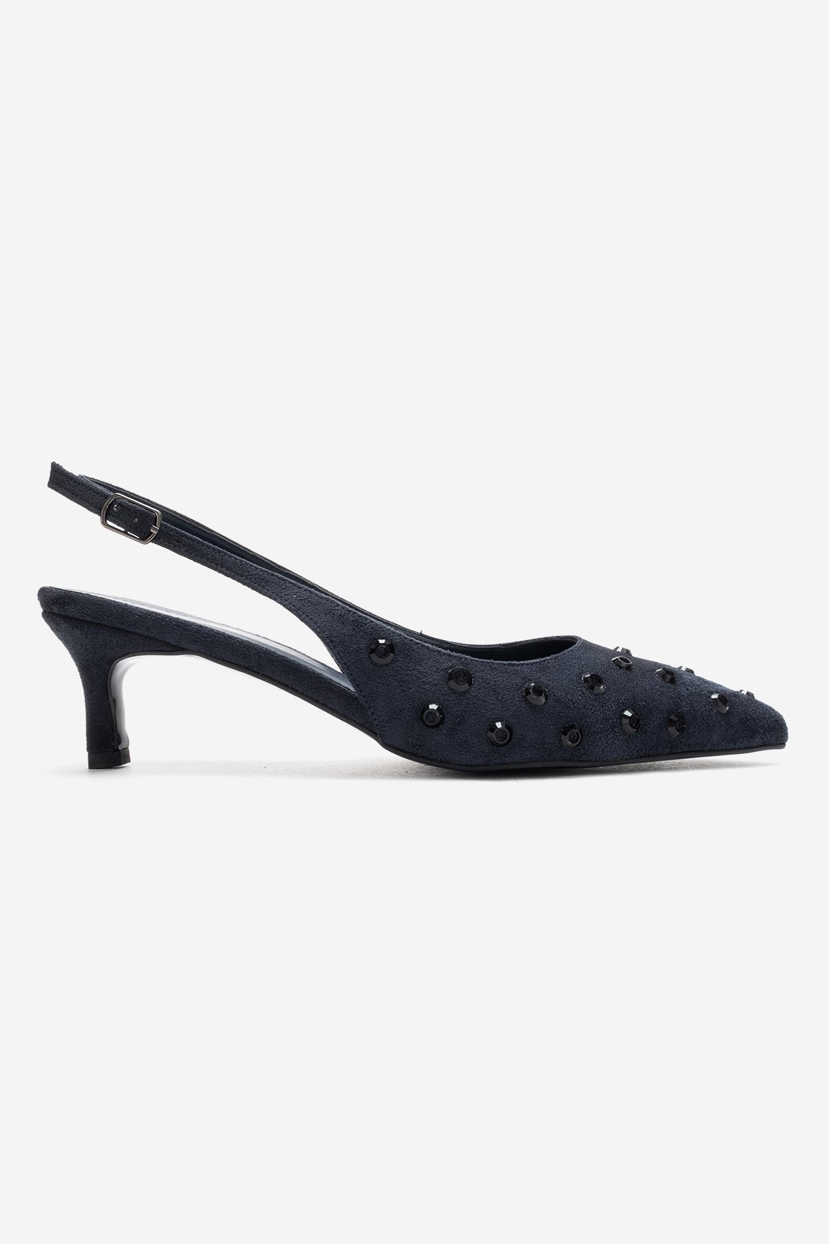 LOREX - Navy Stiletto Pump – top view showing crystal, leather, suede, SimmiUnique