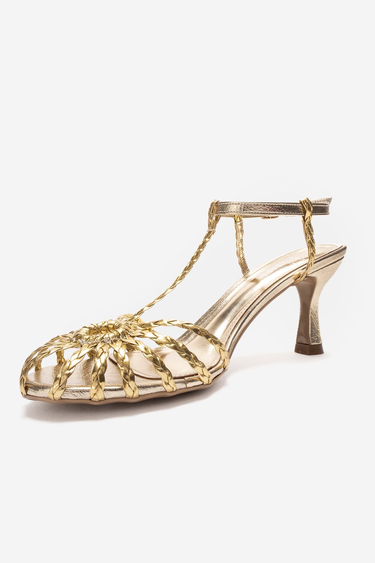 Gerald - Gold Genuine Leather Woven Strap Stiletto Pump – heel view showing leather, gold, SimmiUnique