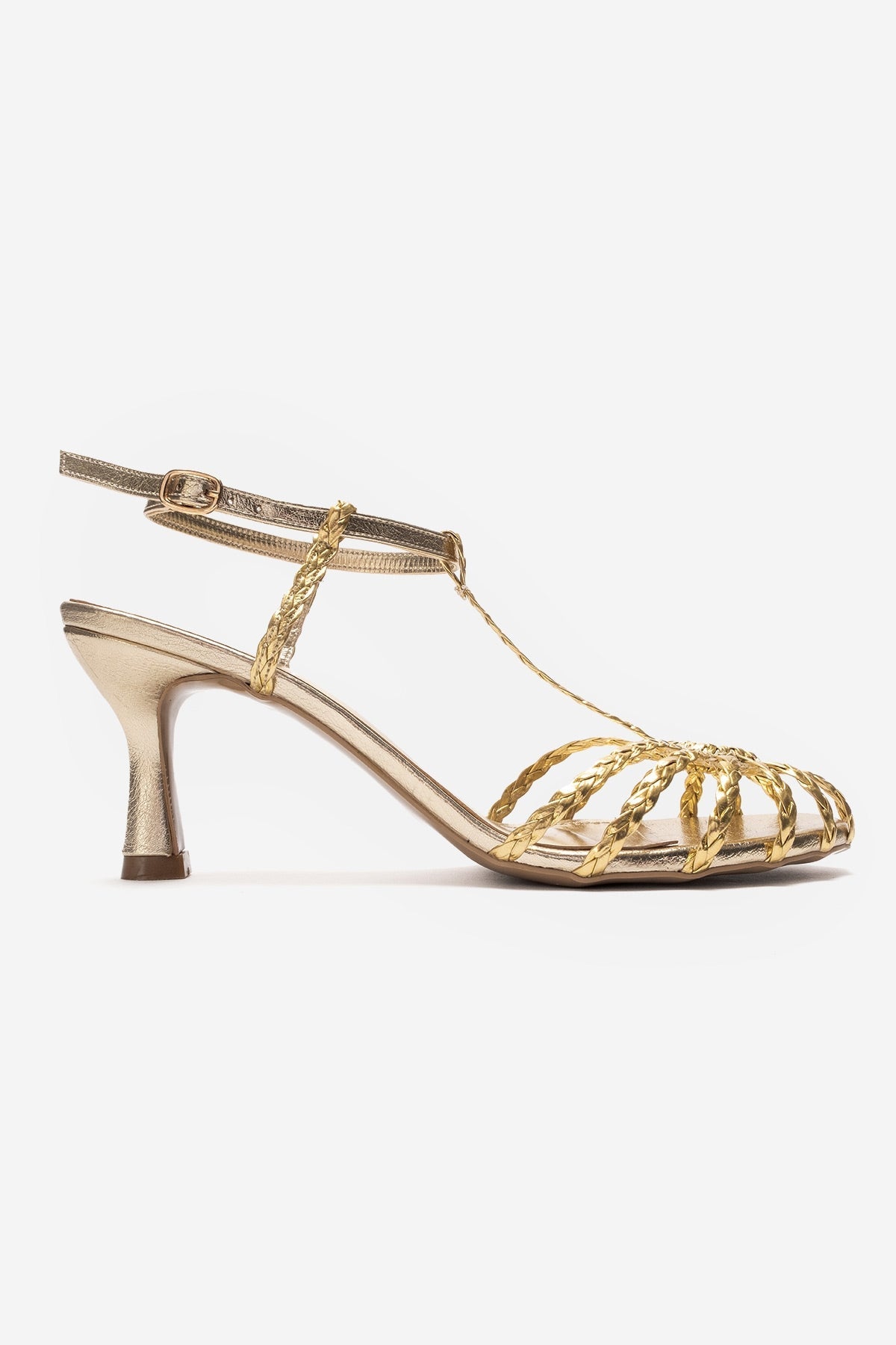Gerald - Gold Genuine Leather Woven Strap Stiletto Pump – top view showing leather, gold, SimmiUnique