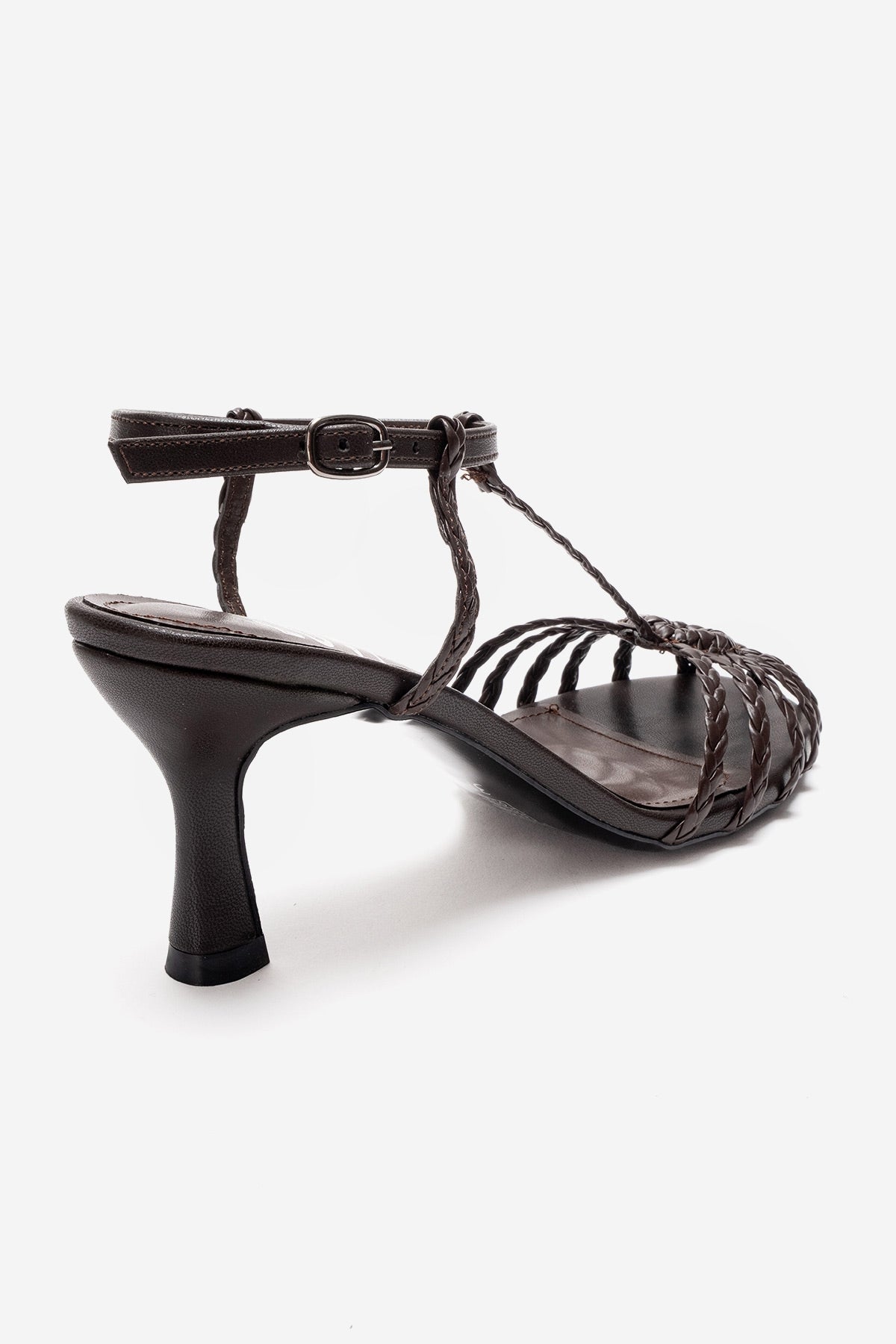 Gerald - Brown Genuine Leather Woven Strap Stiletto Pump – back view showing leather, SimmiUnique