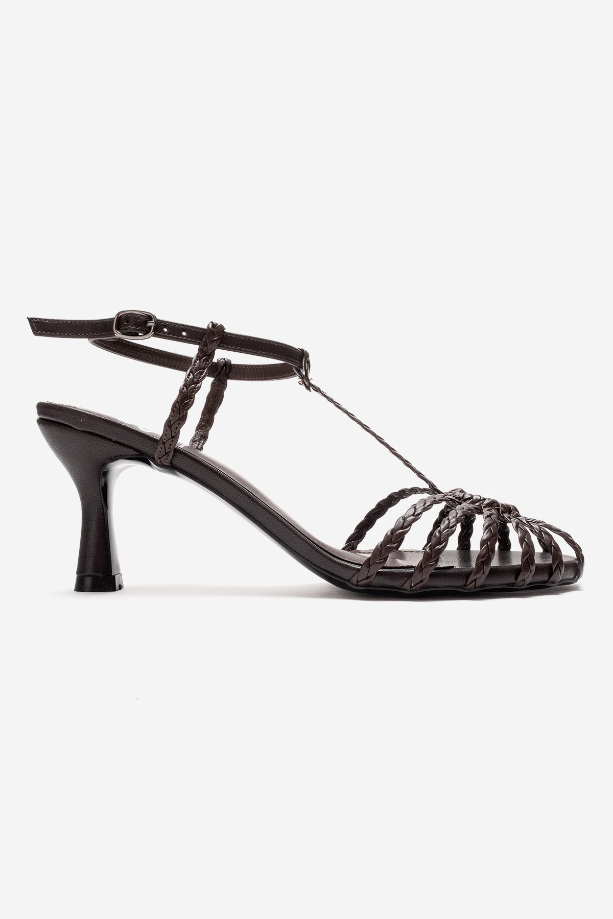 Gerald - Brown Genuine Leather Woven Strap Stiletto Pump – top view showing leather, SimmiUnique