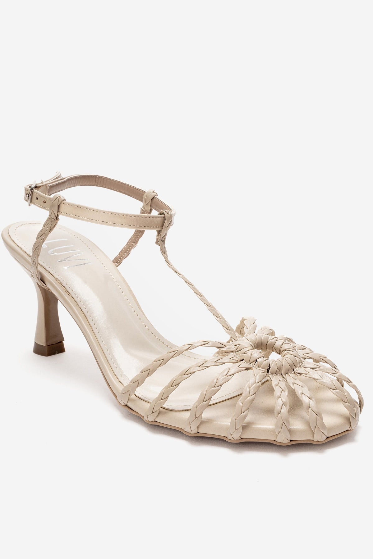 Gerald - Beige Genuine Leather Woven Strap Stiletto Pump – detail view showing leather, SimmiUnique