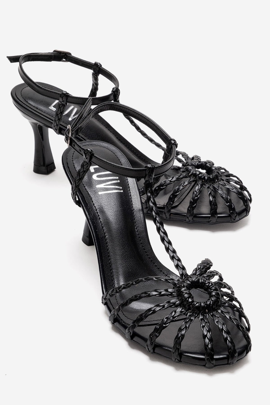 Gerald - Black Genuine Leather Woven Strap Stiletto Pump
