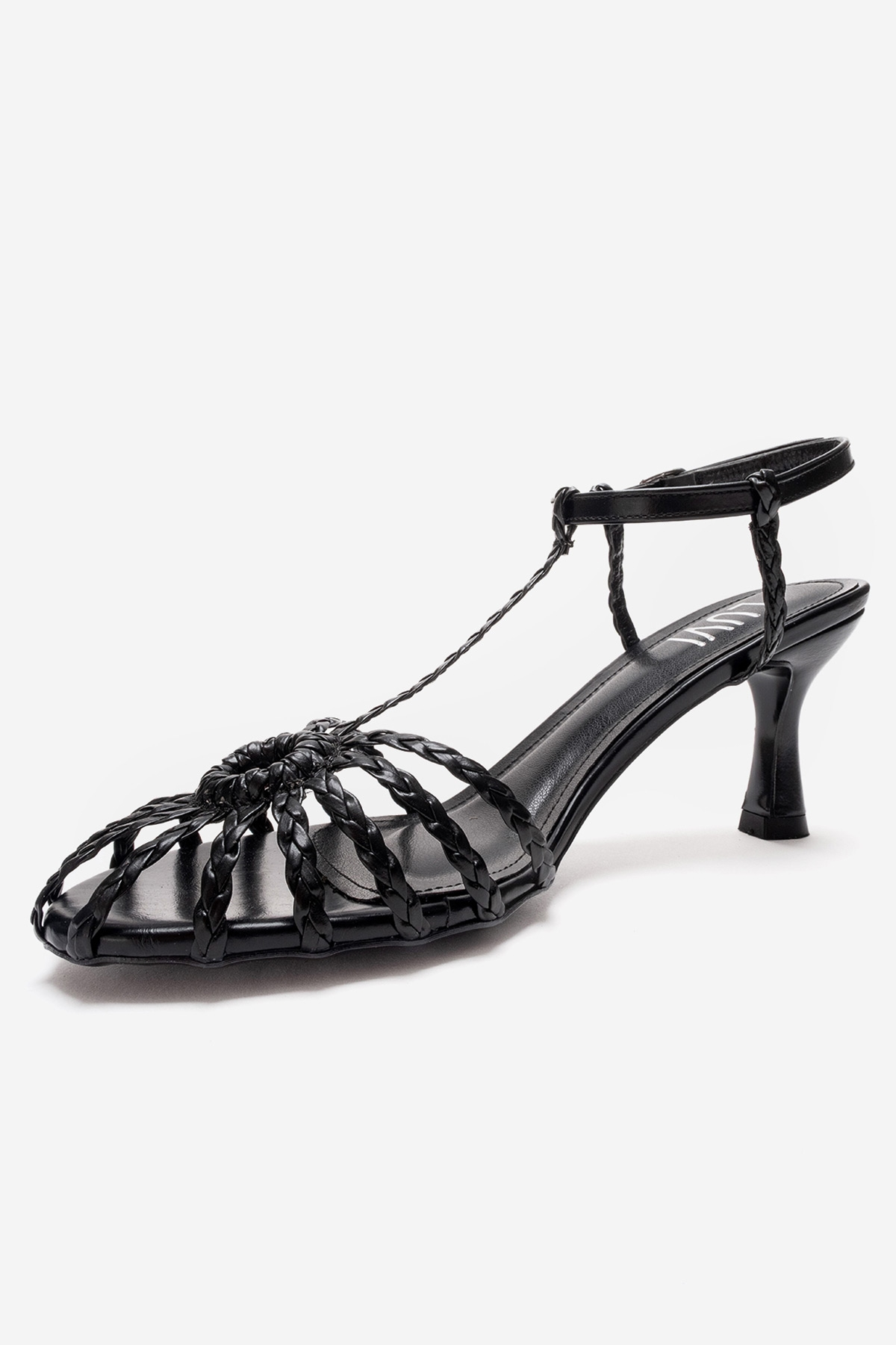 Gerald - Black Genuine Leather Woven Strap Stiletto Pump – heel view showing leather, black, SimmiUnique