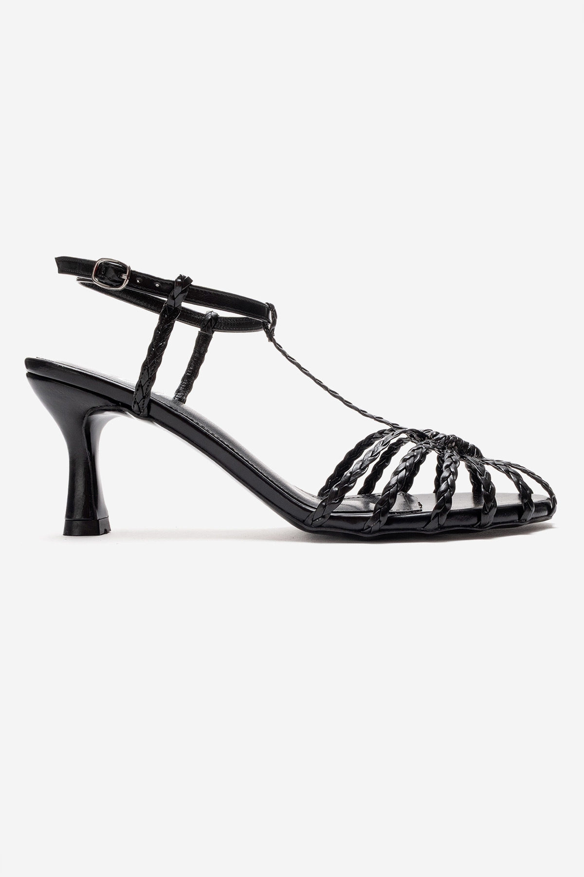 Gerald - Black Genuine Leather Woven Strap Stiletto Pump – top view showing leather, black, SimmiUnique