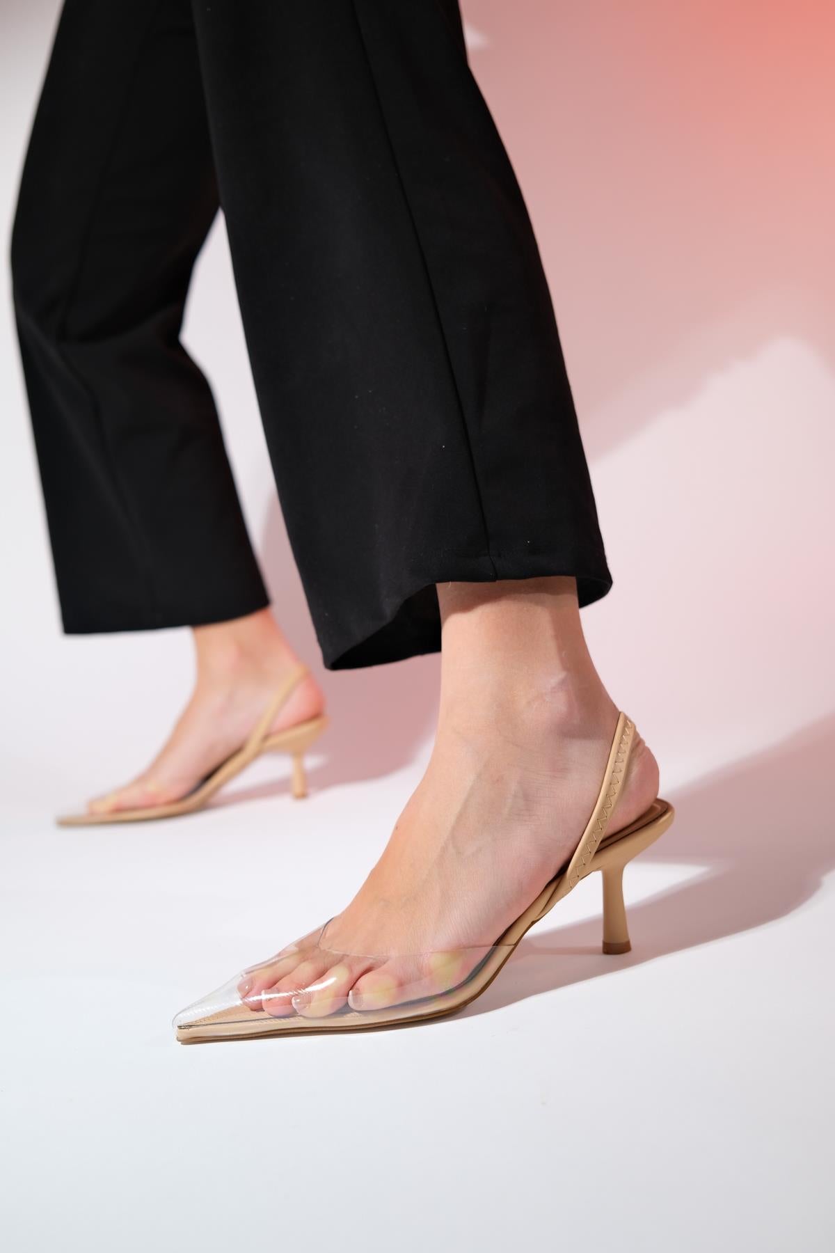 Nelson - Beige Transparent Backless Pointed Toe Stiletto – detail view showing leather, SimmiUnique