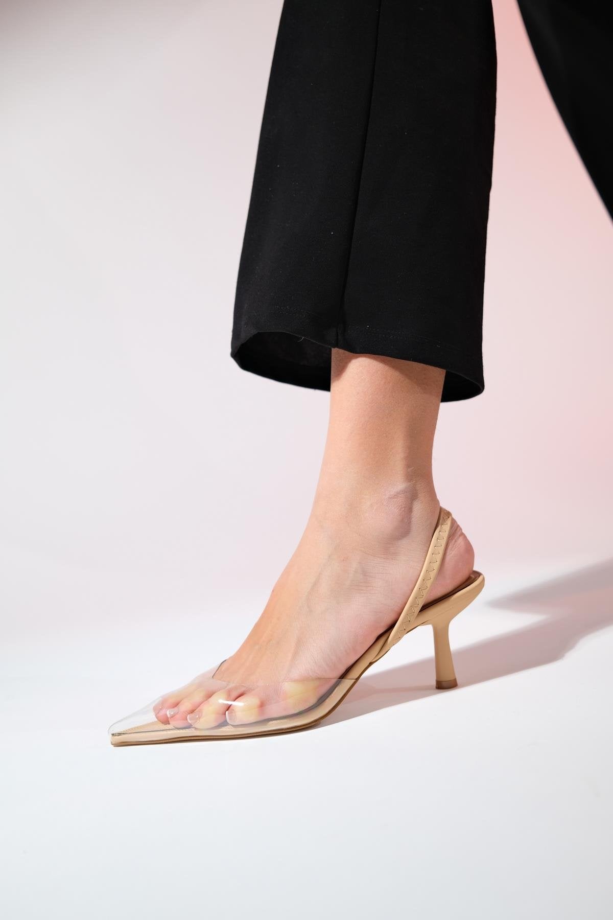 Nelson - Beige Transparent Backless Pointed Toe Stiletto – heel view showing leather, SimmiUnique