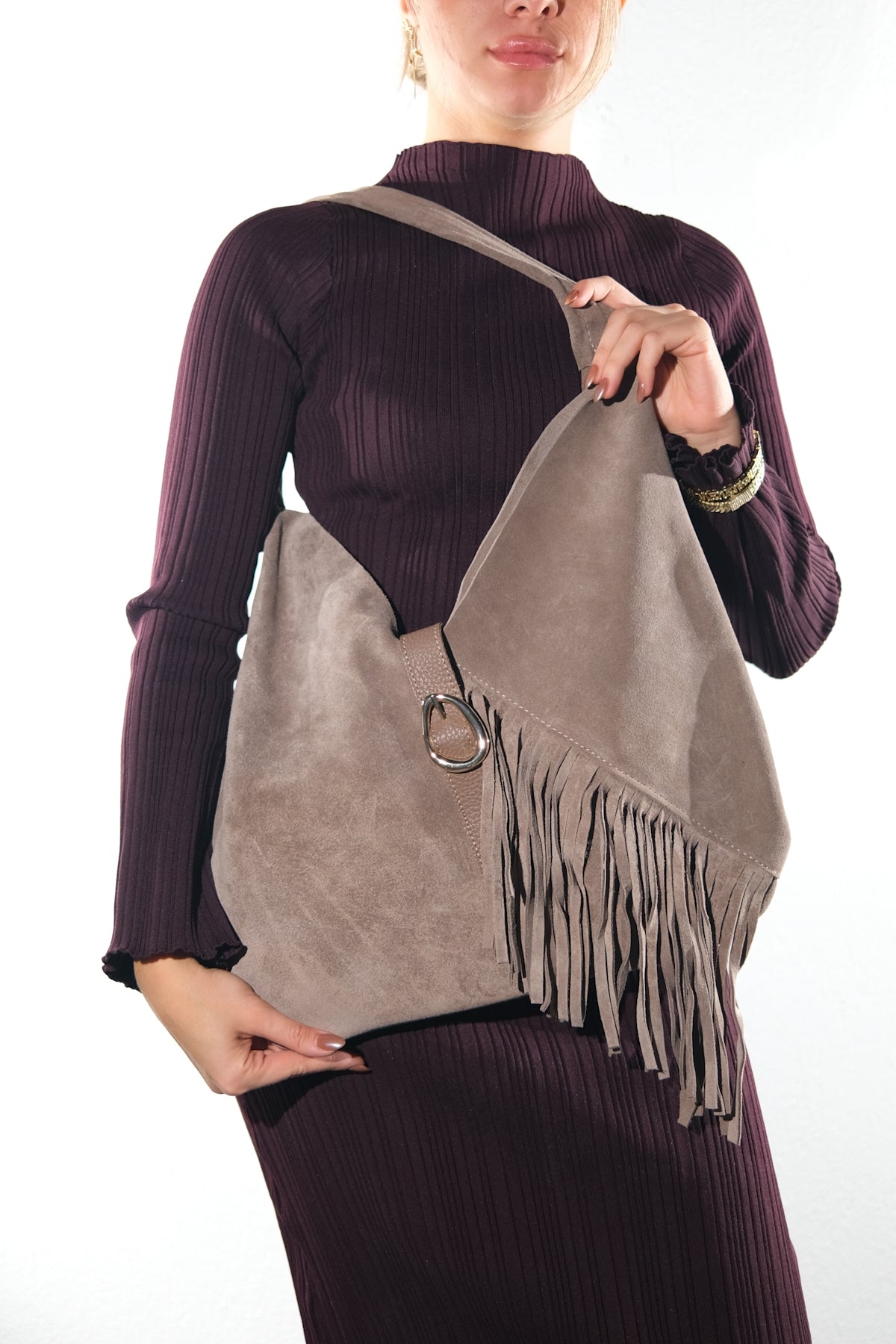 NOCHE - Taupe Genuine Suede Leather Tassel Shoulder Bag – front three-quarter view showing leather, suede, SimmiUnique