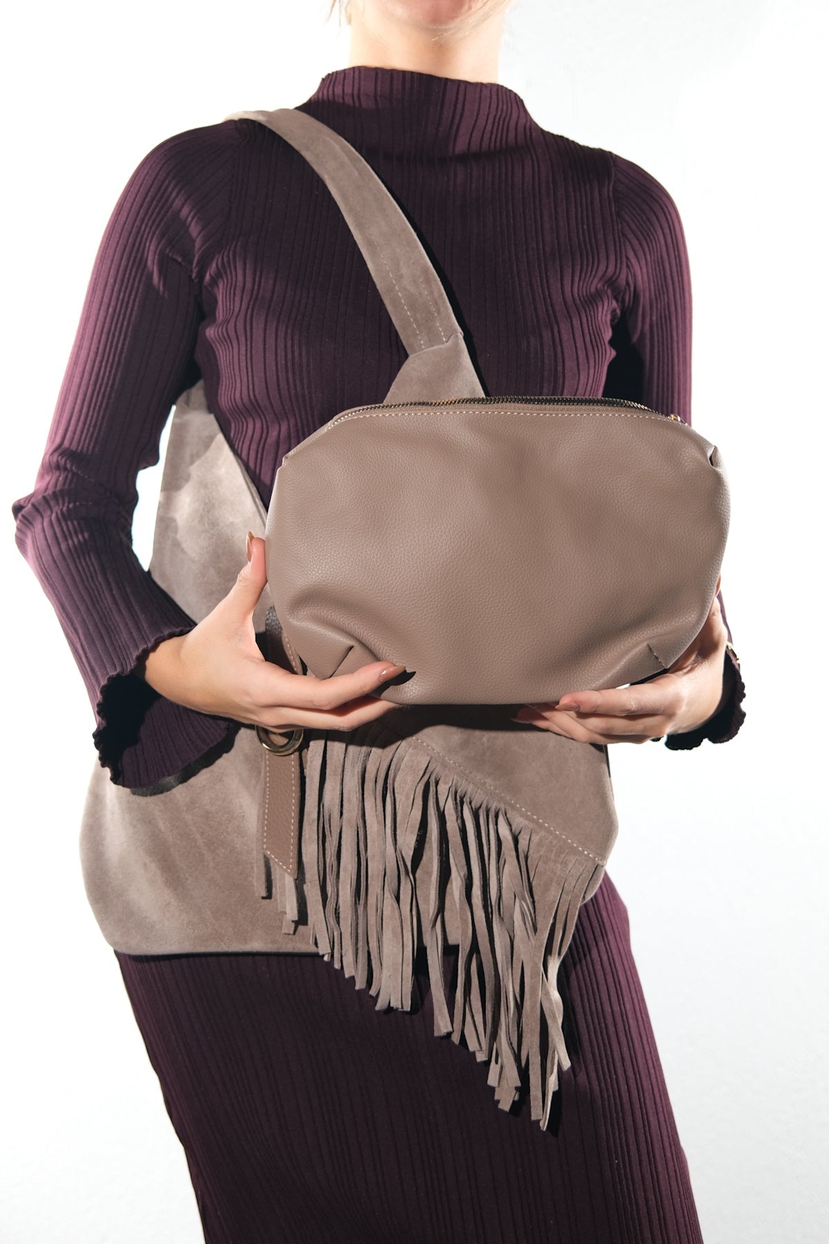 NOCHE - Taupe Genuine Suede Leather Tassel Shoulder Bag – side view showing leather, suede, SimmiUnique