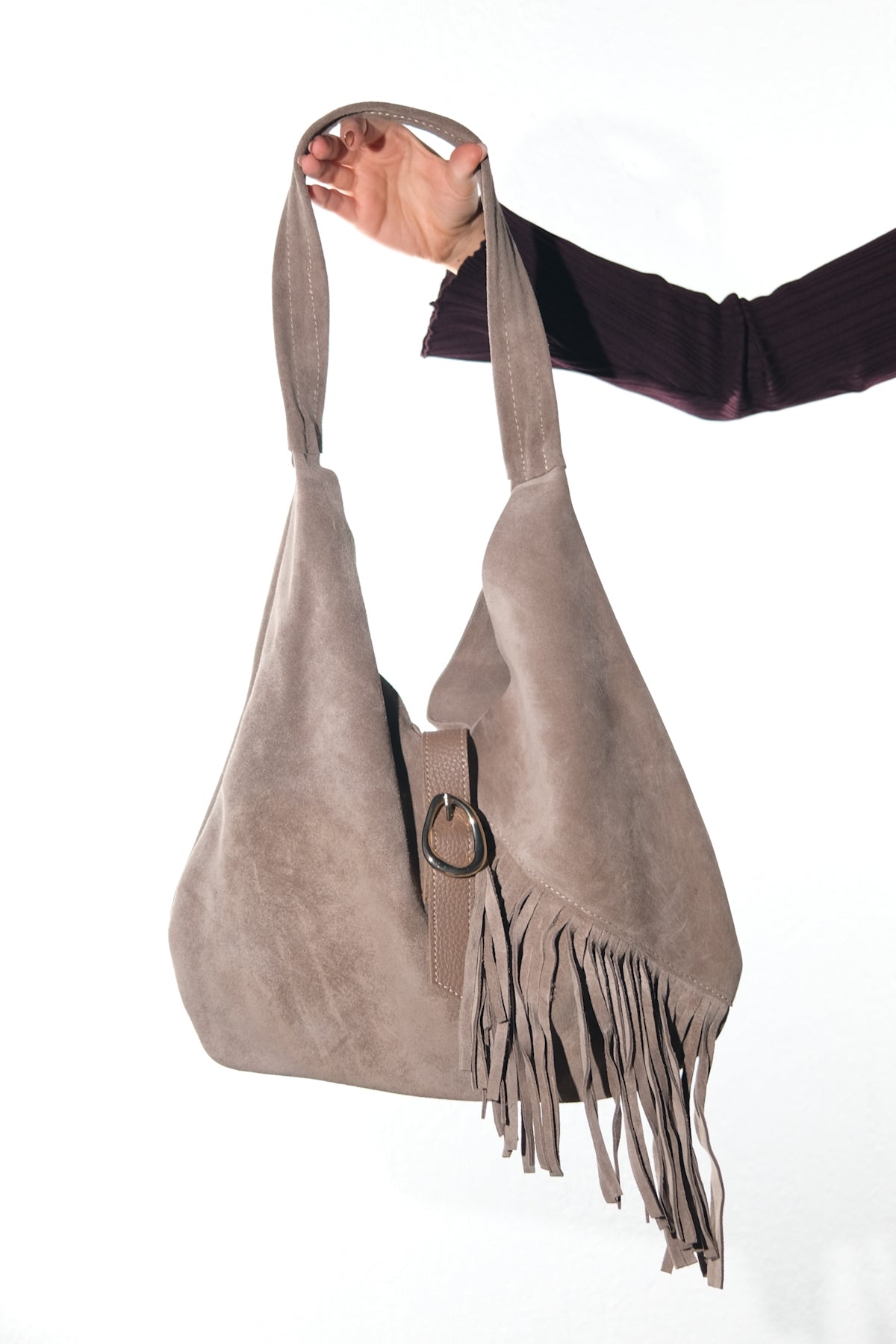 NOCHE - Taupe Genuine Suede Leather Tassel Shoulder Bag – heel view showing leather, suede, SimmiUnique