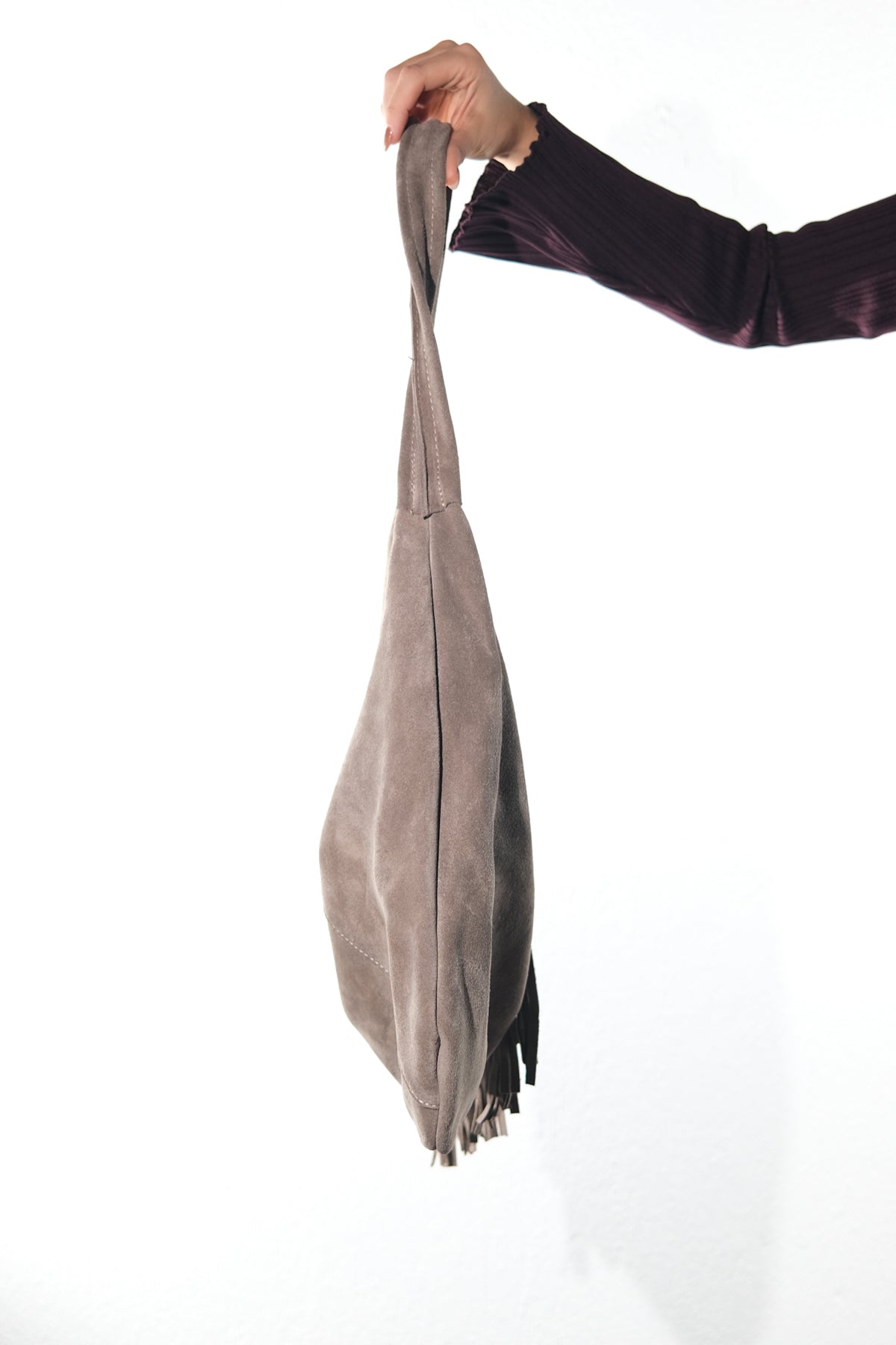 NOCHE - Taupe Genuine Suede Leather Tassel Shoulder Bag – back view showing leather, suede, SimmiUnique