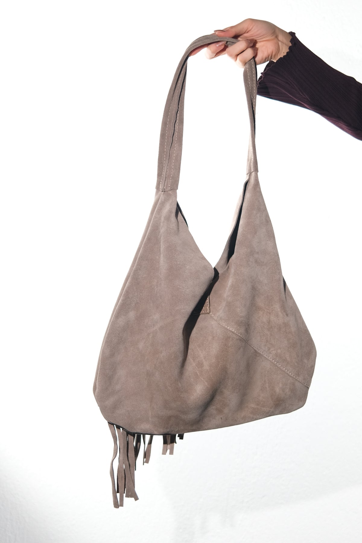 NOCHE - Taupe Genuine Suede Leather Tassel Shoulder Bag – top view showing leather, suede, SimmiUnique