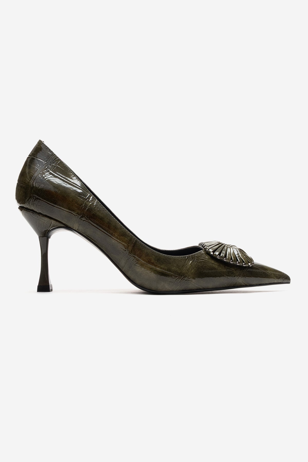 REBEL - Green Stiletto Pump – heel view showing leather, green, SimmiUnique