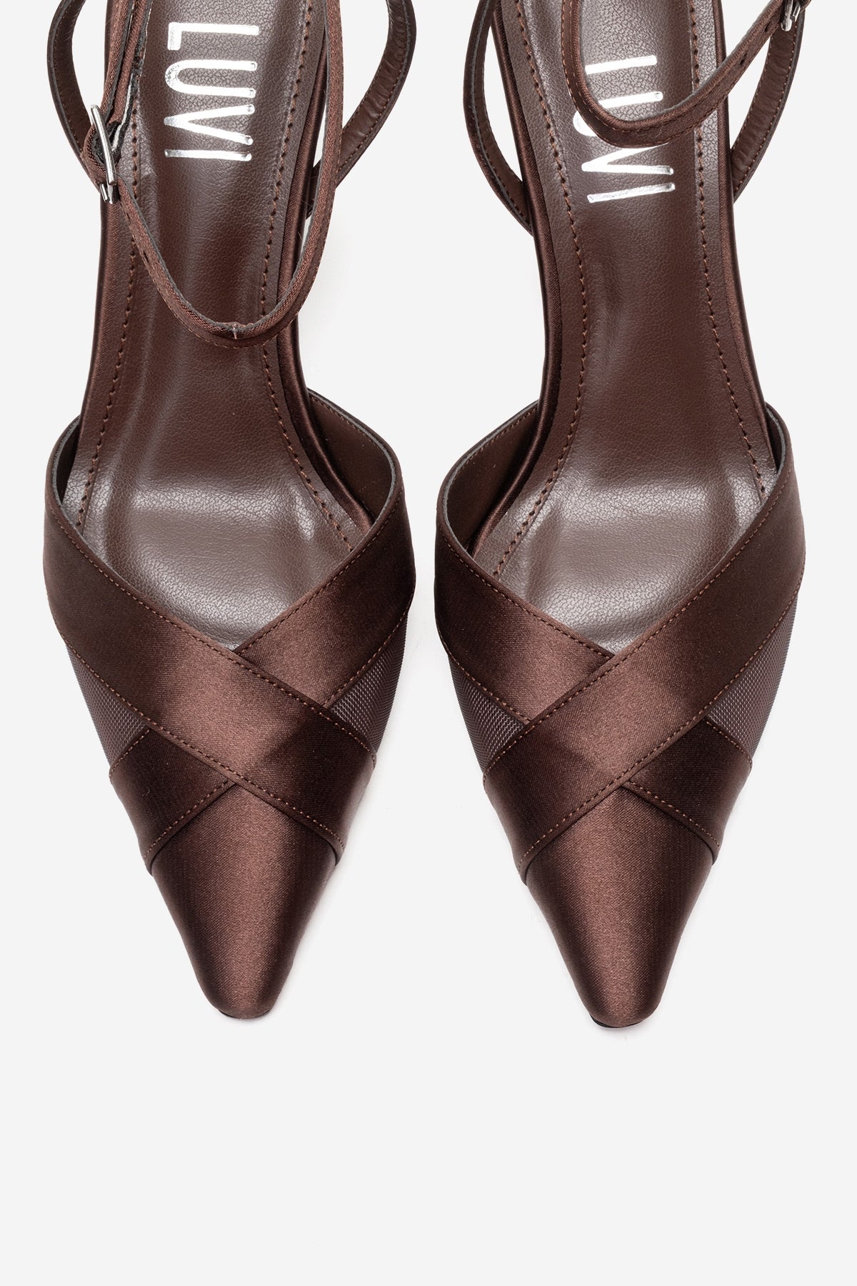 ESTELA - Brown Genuine Leather Stiletto Pump – side view showing satin, leather, mesh, SimmiUnique
