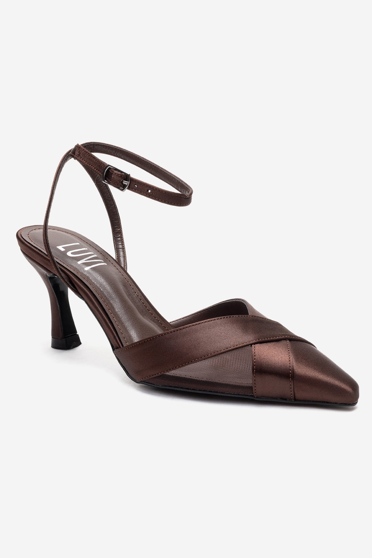 ESTELA - Brown Genuine Leather Stiletto Pump – detail view showing satin, leather, mesh, SimmiUnique