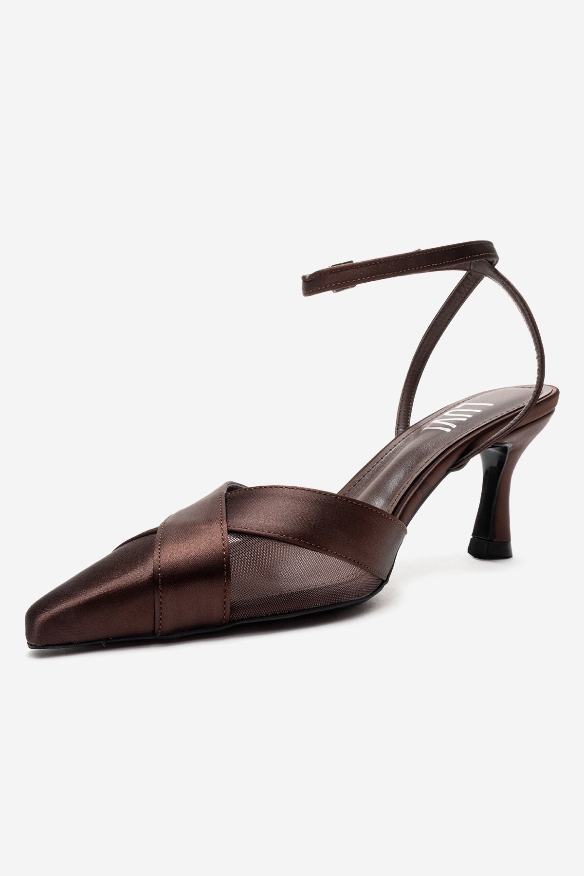 ESTELA - Brown Genuine Leather Stiletto Pump – top view showing satin, leather, mesh, SimmiUnique