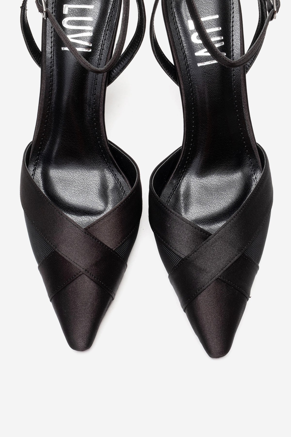 ESTELA - Black Genuine Leather Stiletto Pump – side view showing satin, leather, mesh, SimmiUnique