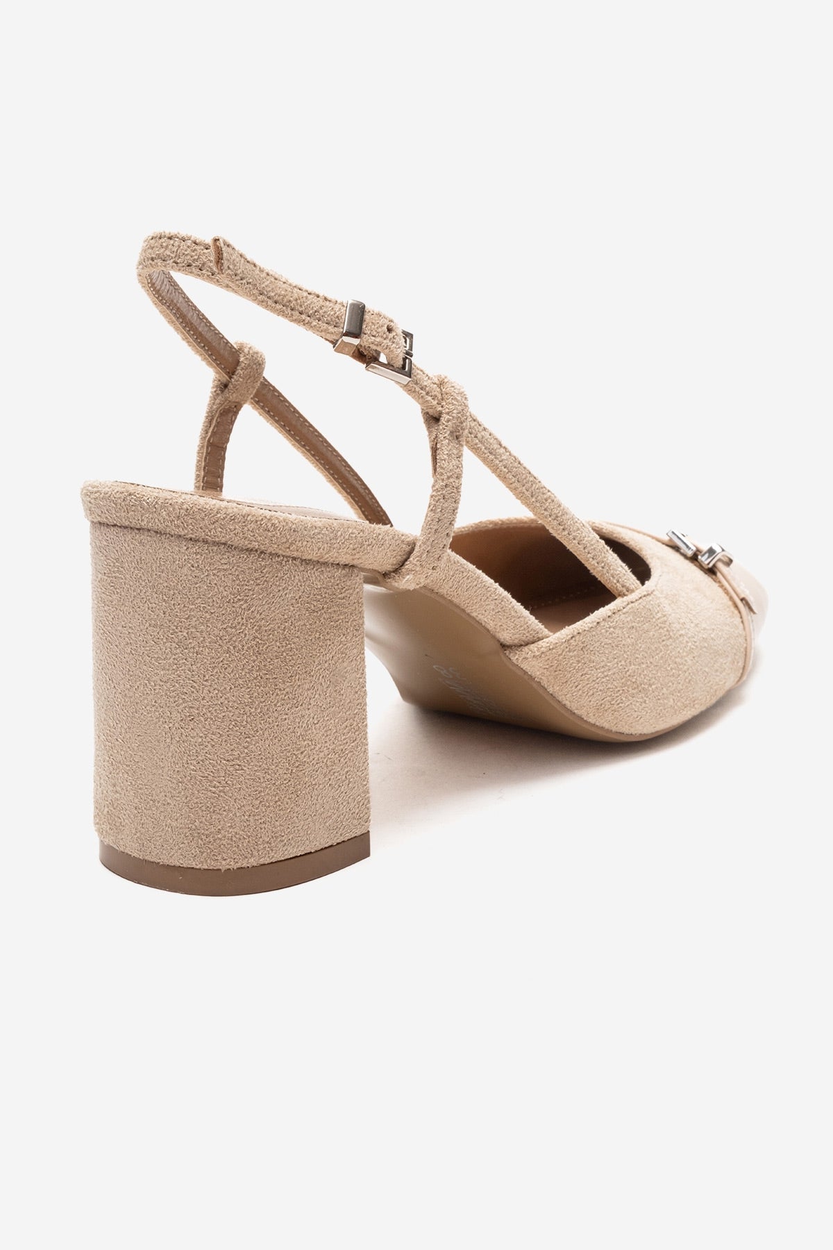 DESIA - Beige Block Heel Shoe – back view showing leather, suede, SimmiUnique